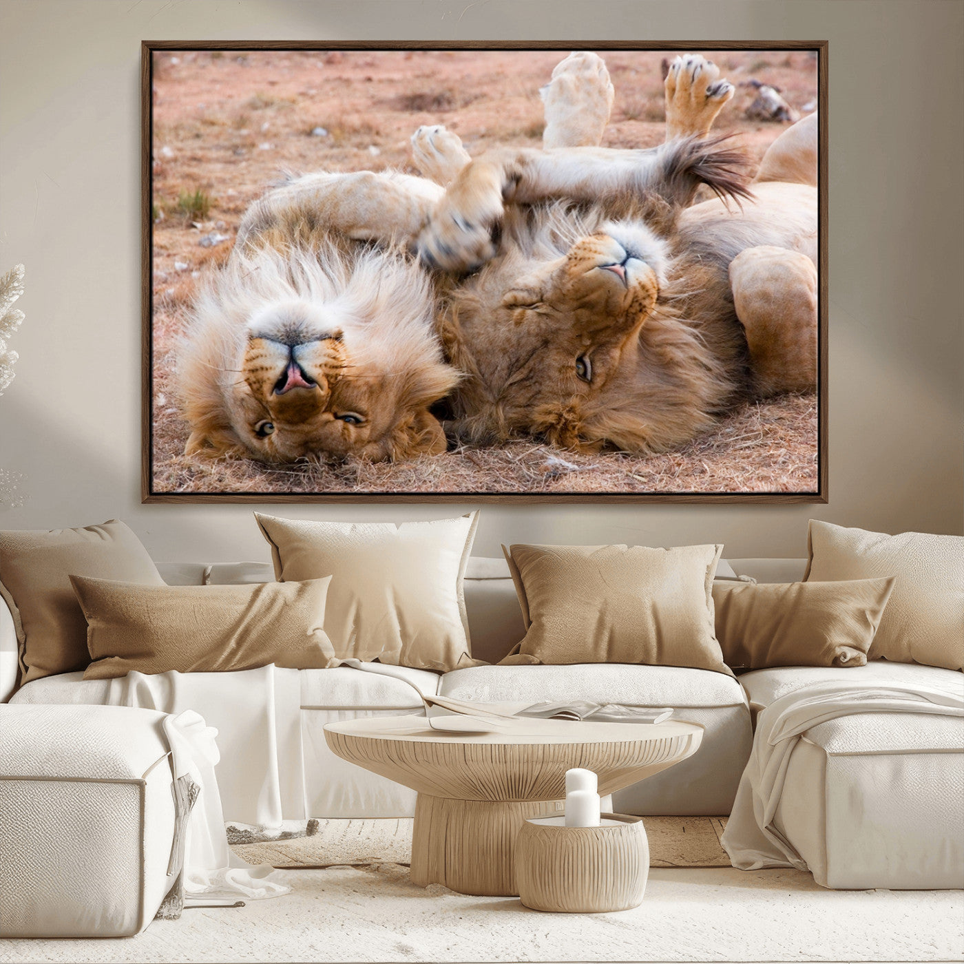 -Lion Pair Wall Art Canvas Print – Framed Wildlife Scene with Playful Lions Artwork for Home, Office, Living Room