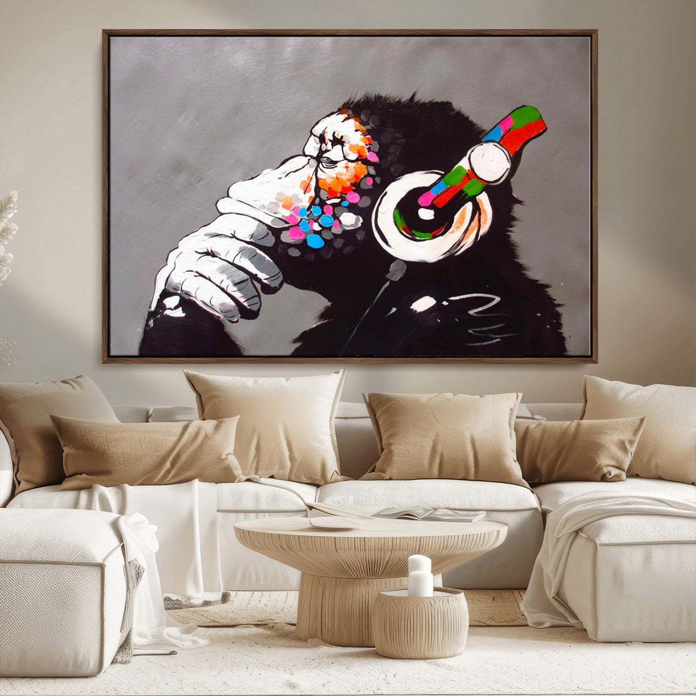 56887-MGV-FC-36X24_Walnut-Dj Monkey Listening to Music Wall Art Print | Banksy Monkey Large Canvas Print for Living Room,