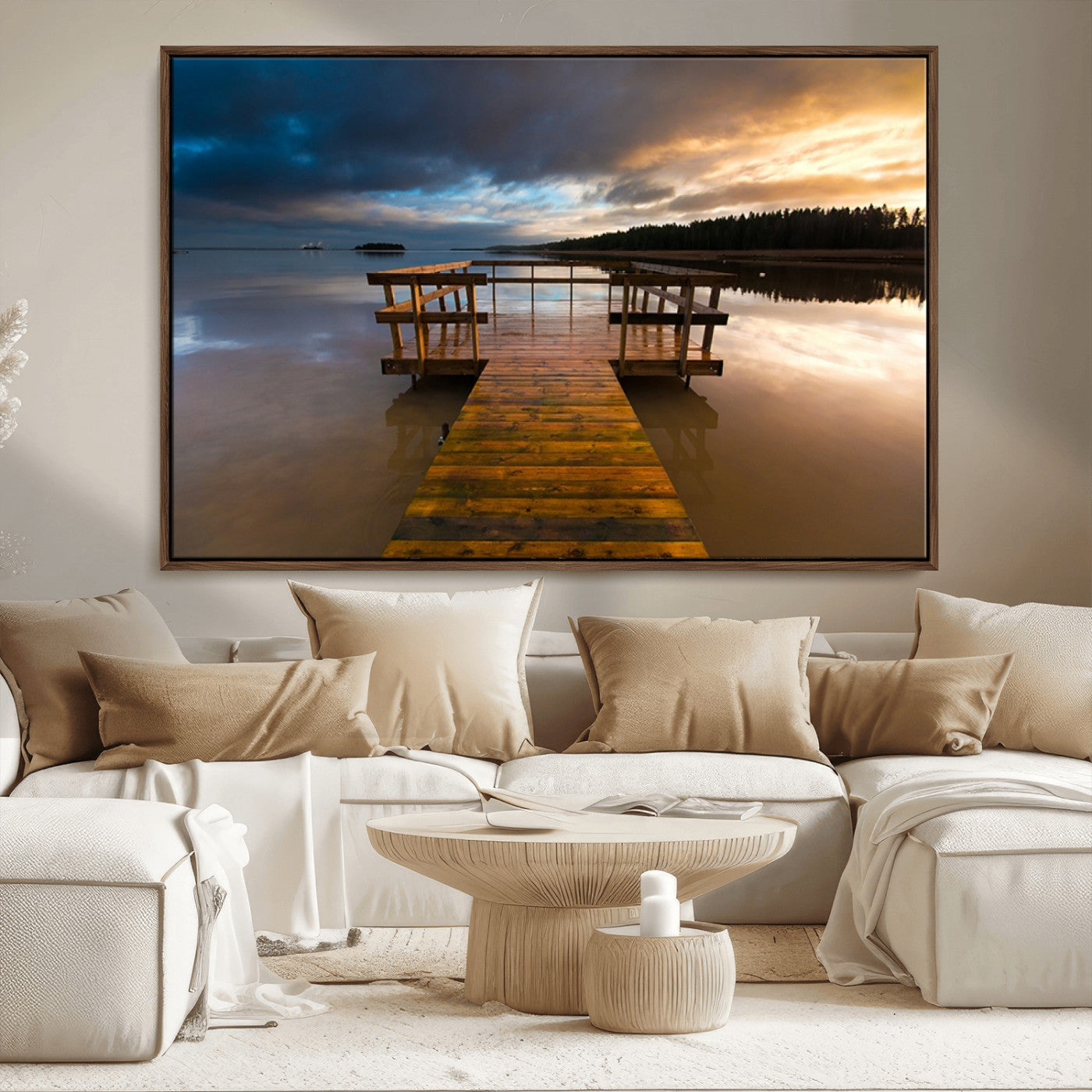 -Serene Lake Pier at Sunset Canvas Print | Landscape Canvas Print | Ready to Hang and Framed Wall Art