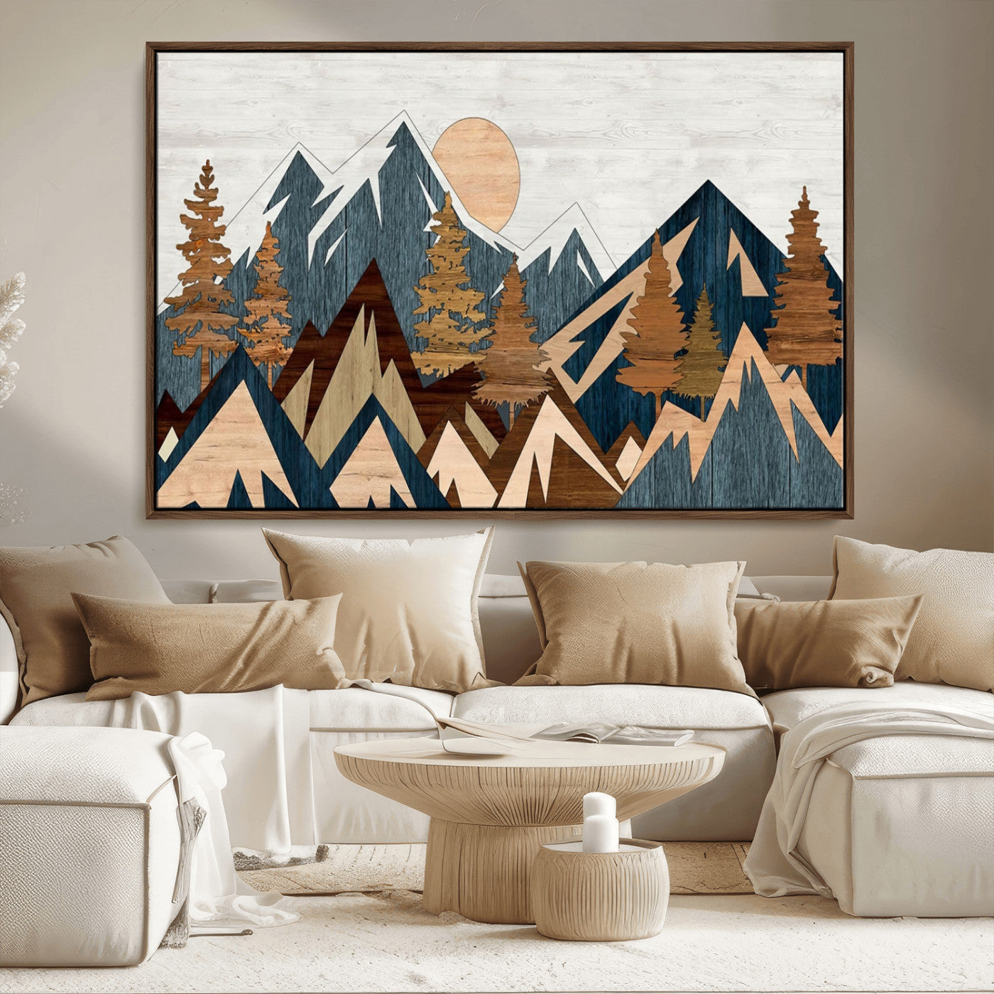 91467-MGV-CV-36X24-Abstract Wood Panel Effect Mountain Range Top Wall Art Canvas Print