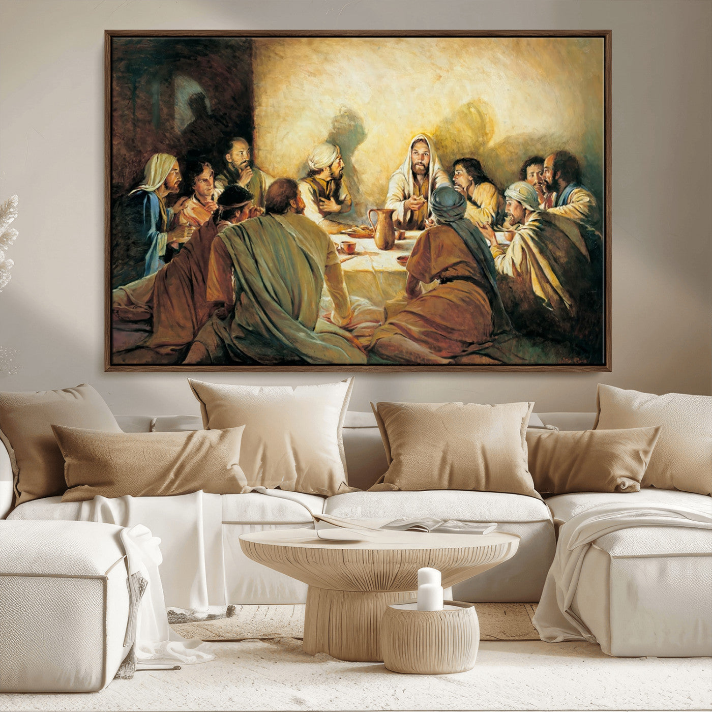 Framed canvas print of the Last Supper, depicting Jesus and his disciples, perfect for religious or Christian-themed home decor.