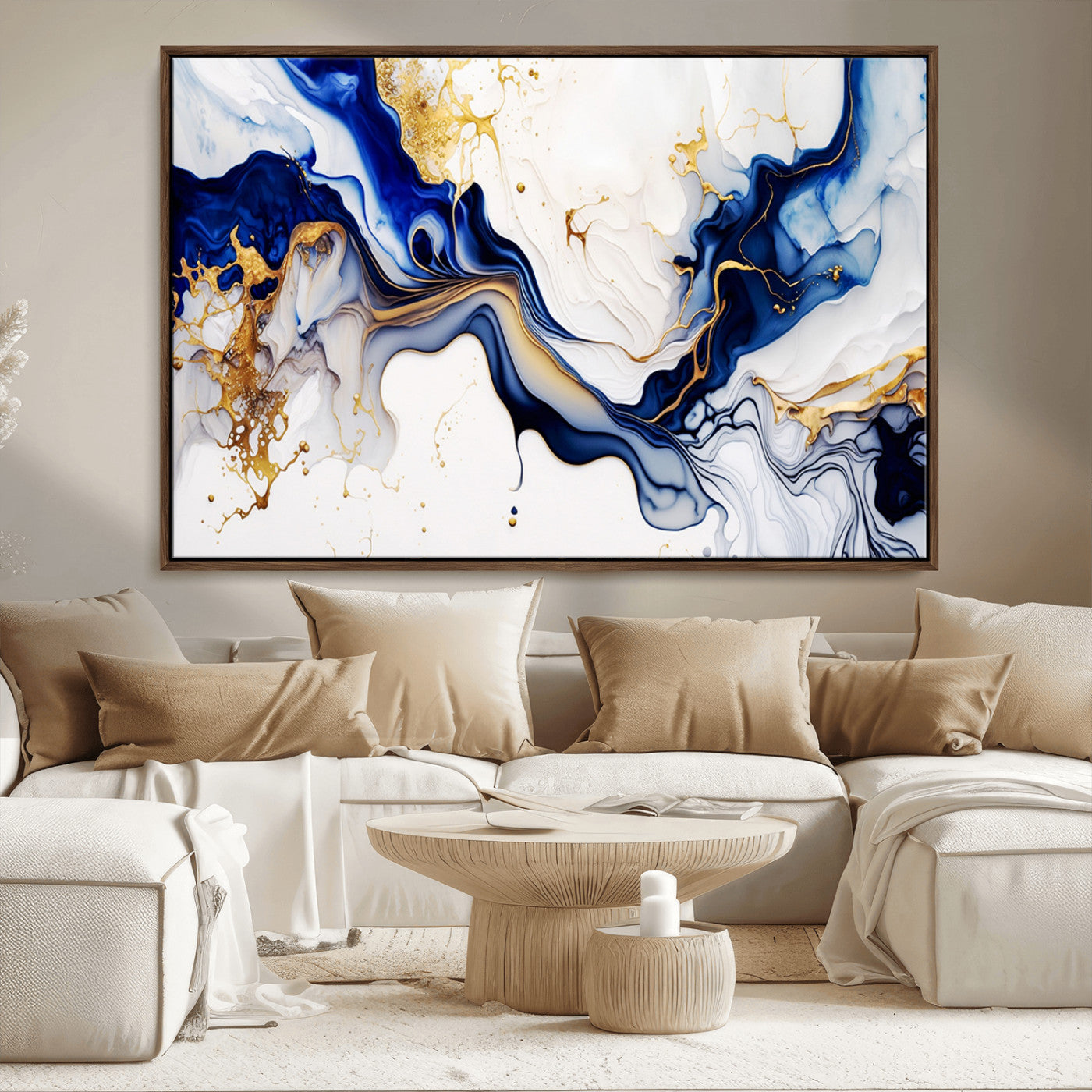 93392-MGV-FC-36X24_Walnut-Golden Cascades on Midnight Blue – Deep Blue Abstract Wall Art Flowing Elegance | Wall Art Canvas,