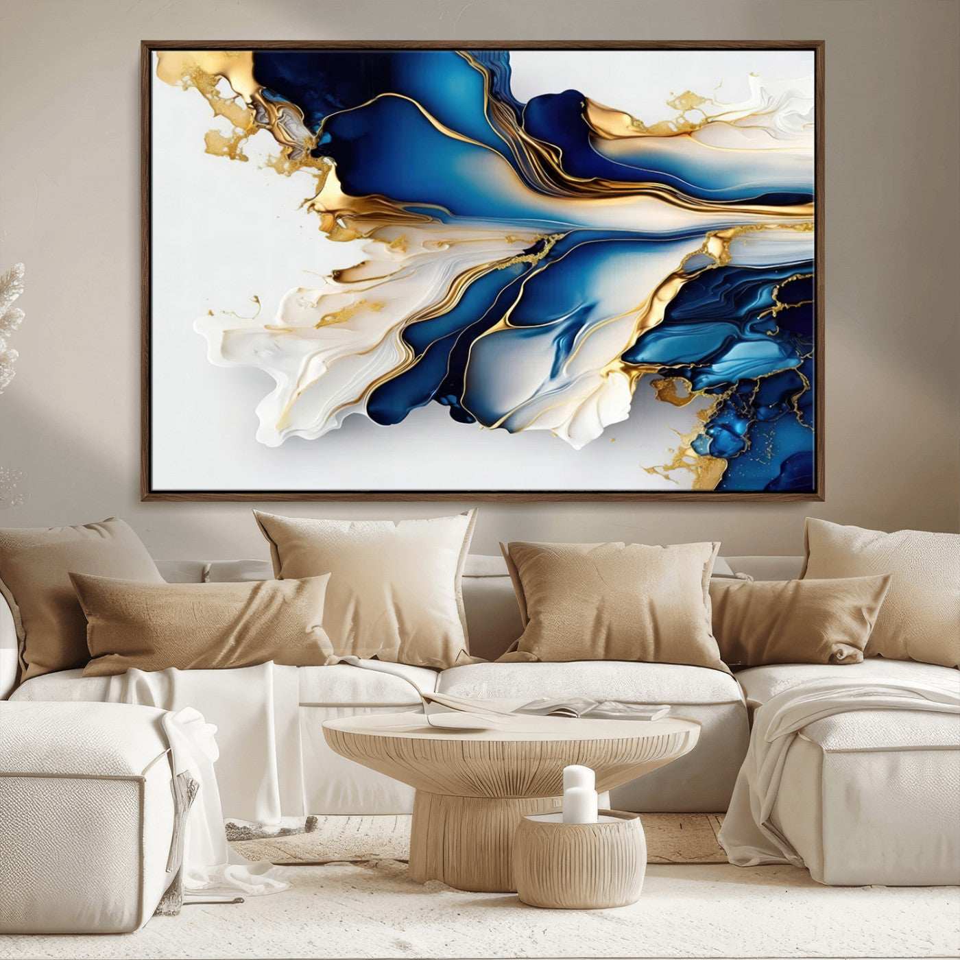 65693-MGV-FC-36X24_Walnut-Gold Marble Art - Abstract Geode Gold And Blue Marble Shape 3 Pieces Wall Art Canvas Print