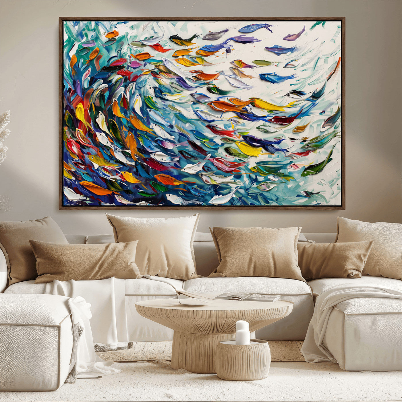 80105-MGV-FC-36X24_Walnut-Modern Abstract Fish Shoal Wall Art Canvas Print, Colorful Fish Herd Painting on Canvas Print, Ocean