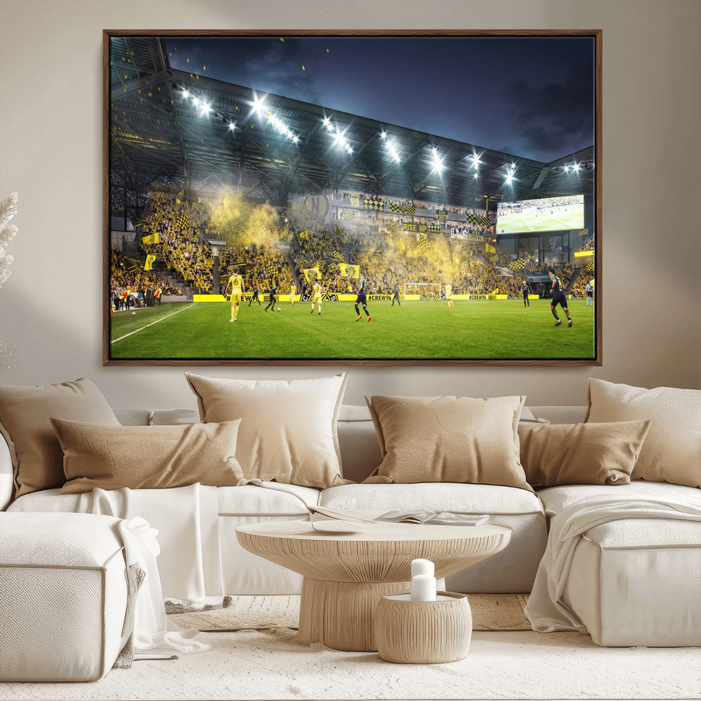 65820-MGV-FC-36X24_Walnut-Columbus Crew Stadium Match Triple Canvas Wall Art - Dynamic MLS Game Scene Canvas Wall Art
