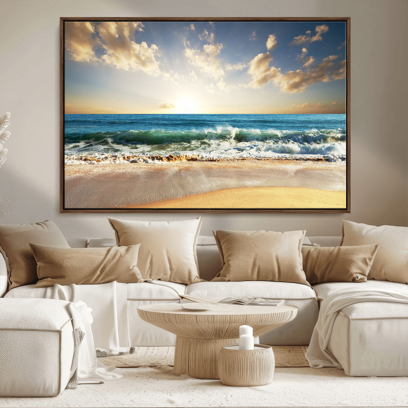 83376-MGV-FC-36X24_Walnut-Golden Sunset Beach Triptych Canvas Wall Art for Living Room – 3-Panel Ocean View, Framed & Ready to