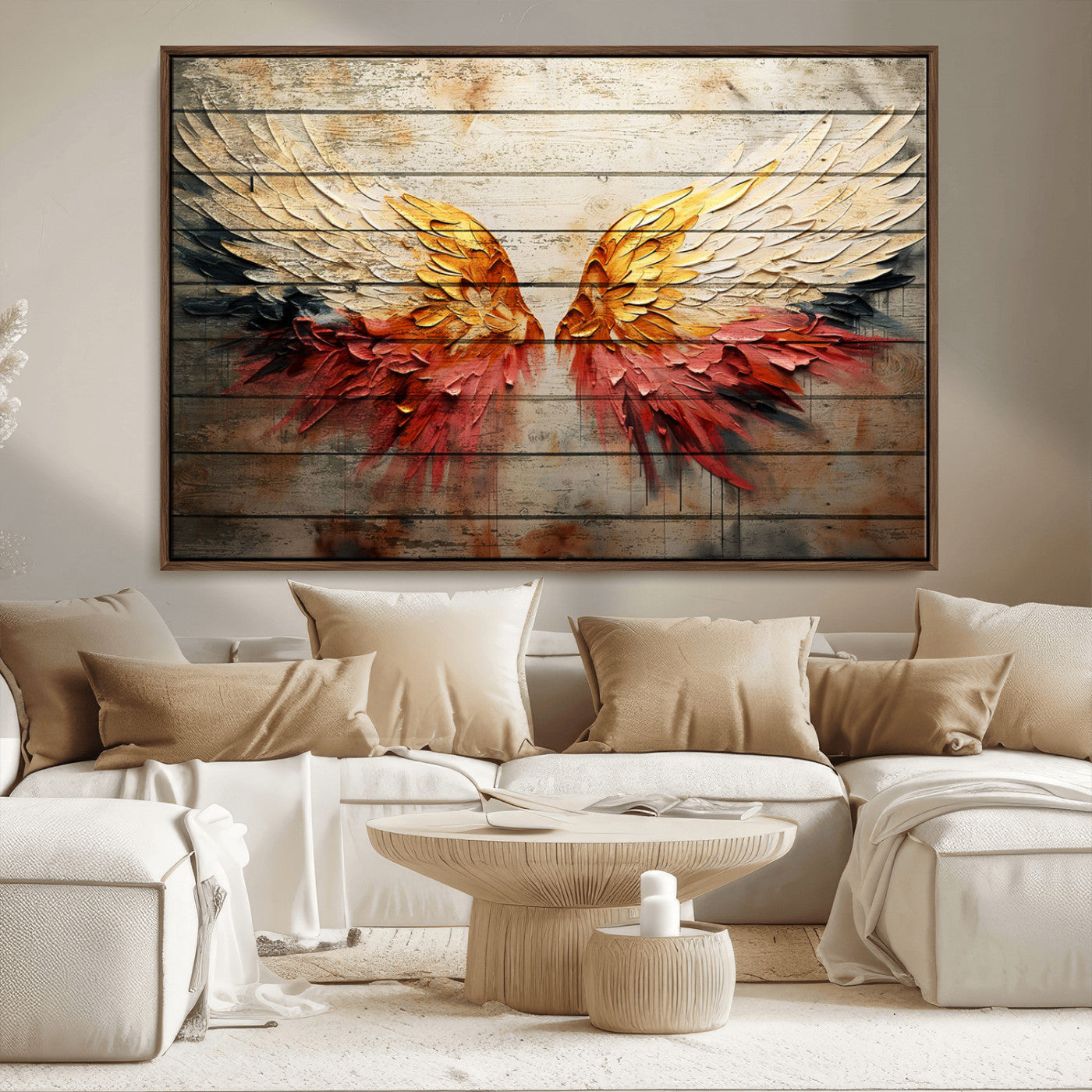 19244-MGV-FC-36X24_Walnut-Abstract Angel Wings Canvas Wall Art – Framed and Ready to Hang Modern Angelic Wings Decor for