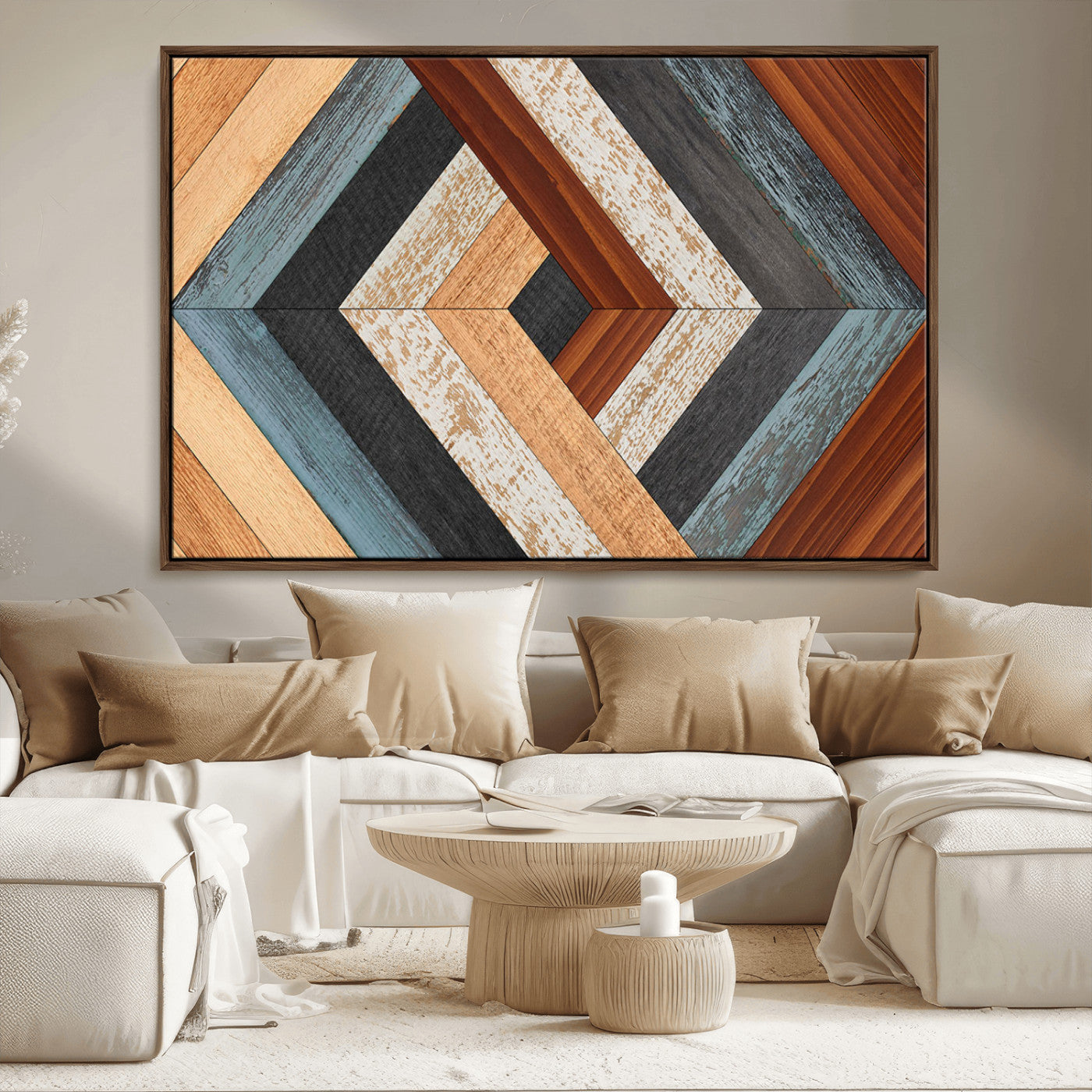 20897-MGV-FC-36X24_Walnut-Geometric Wood Art Wall Decor Canvas Print, Rustic Wooden Pattern Triptych Wall Art for Living Room