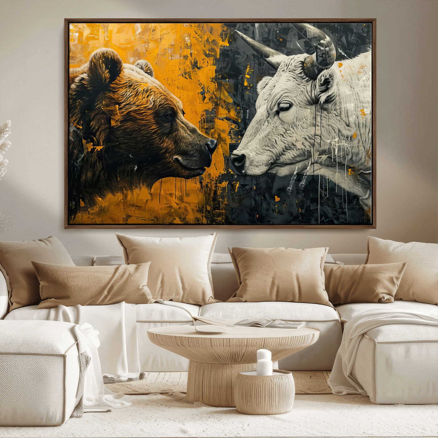 71185-MGV-CV-36X24-Bear and Bull Wall Art Canvas Print – Abstract Animal Portrait Painting for Modern Home Decor –
