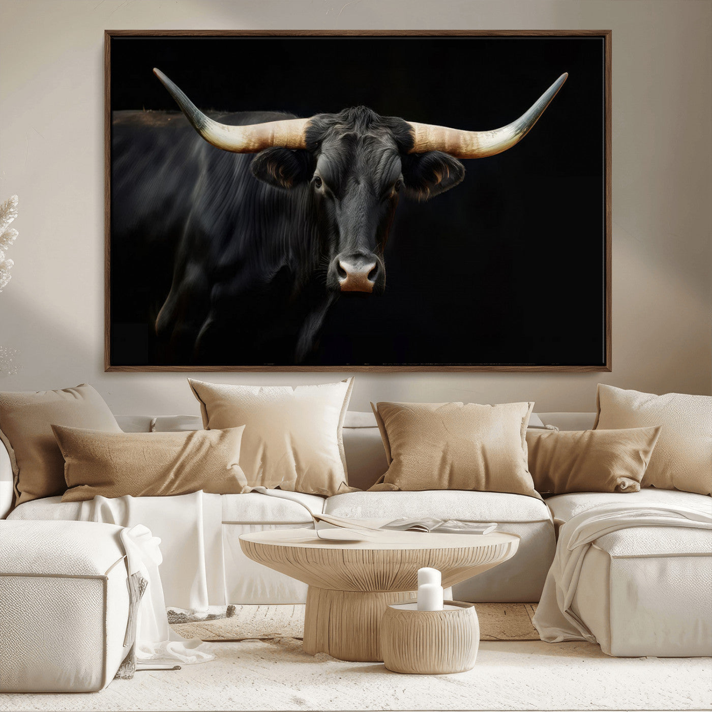 -Black Bull Wall Art – Majestic Longhorn Canvas Print with Dark Background, Rustic Western Farmhouse Decor for Living Room or Office