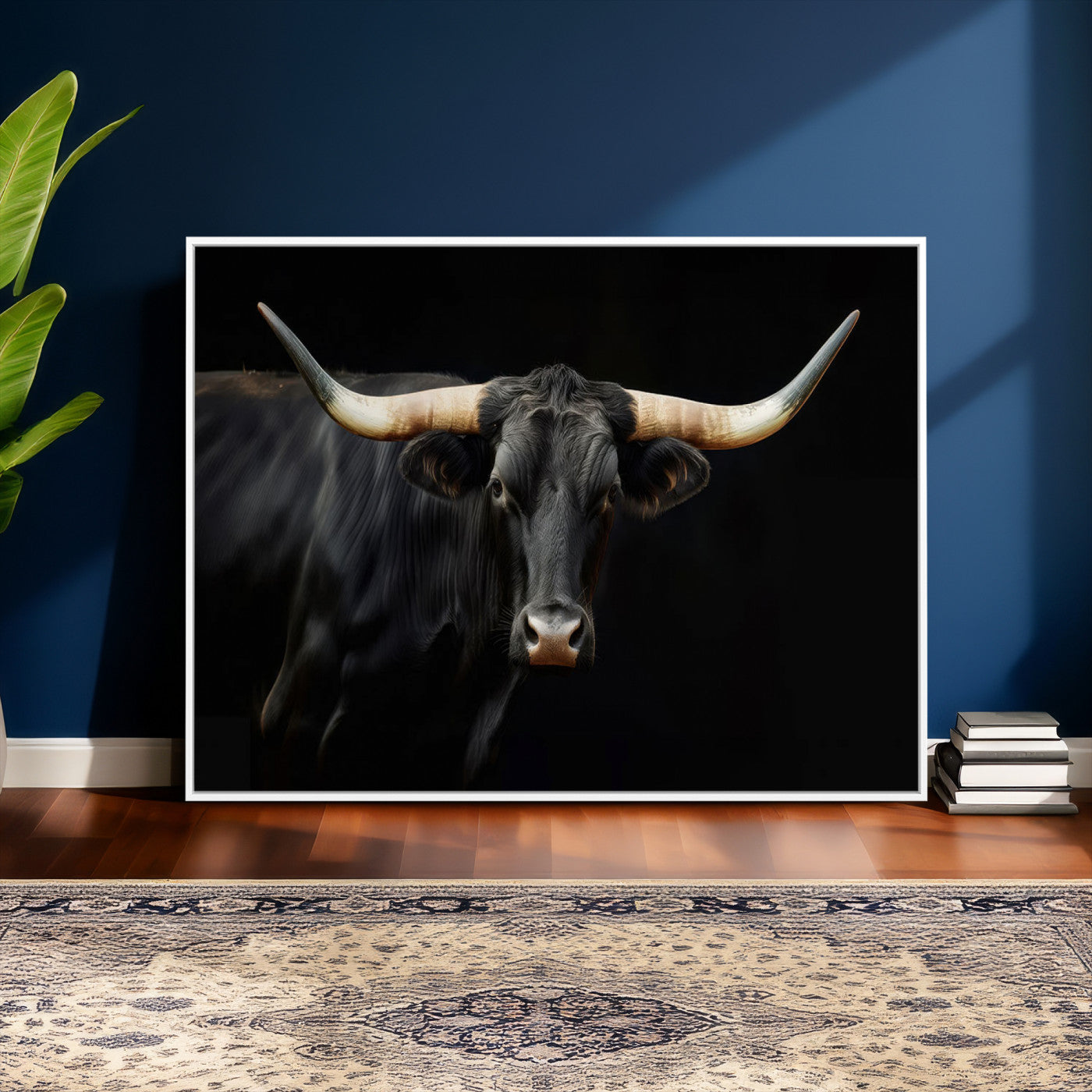 63798-MGV-CV-36X24 - Texas Longhorn Cow | Majestic Black Bull Wall Art Canvas Print - Farmhouse Animal Decor - Ready to
