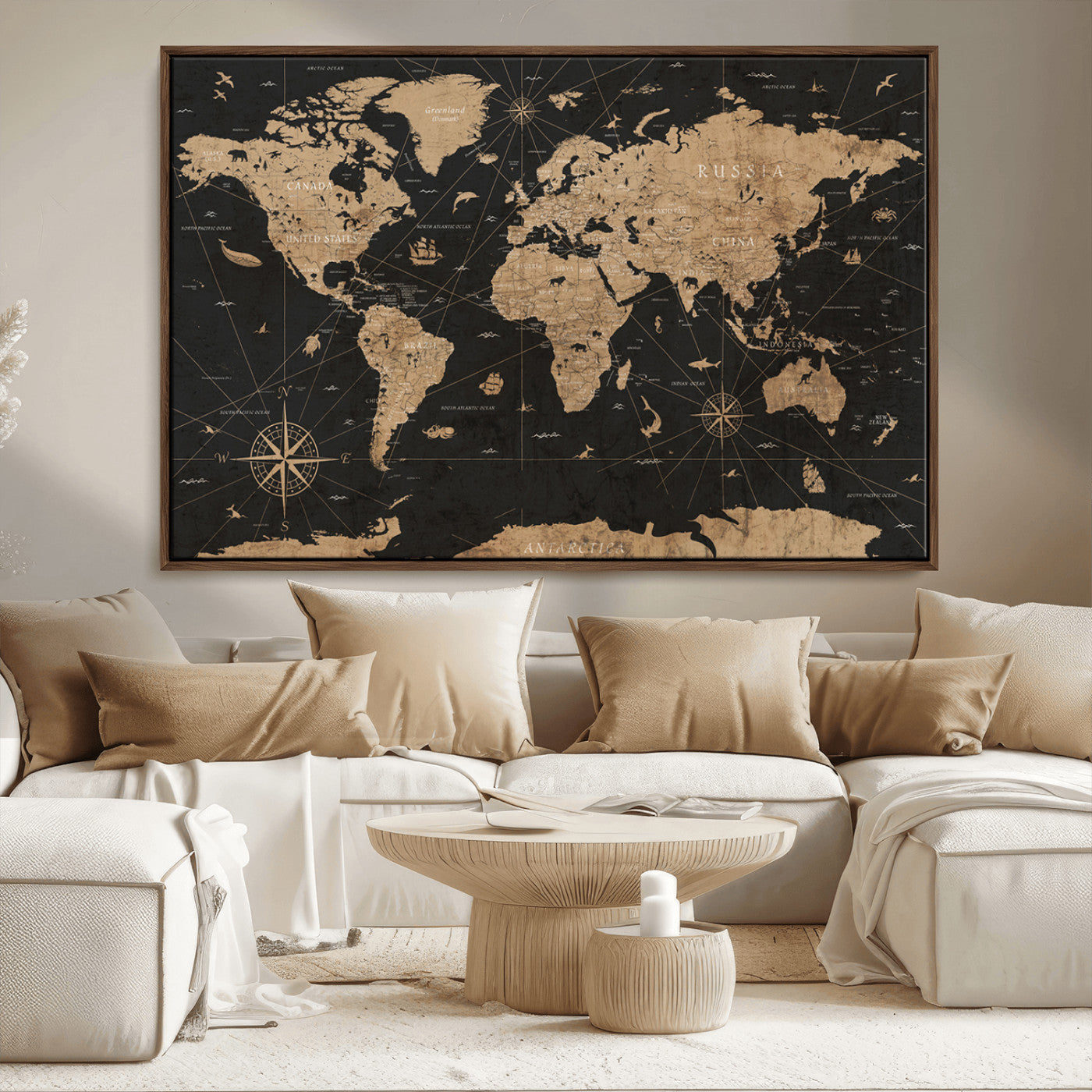 61023-MGV-CV-36X24-Vintage Push Pin World Map Canvas Print – Framed Travel Tracker Wall Art, Rustic Adventure Map Gift for Home or Office Decor