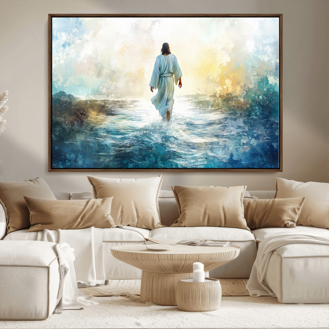 -Watercolor Jesus Walking on Water Canvas Print, Christian Wall Art, Jesus Christ Walking