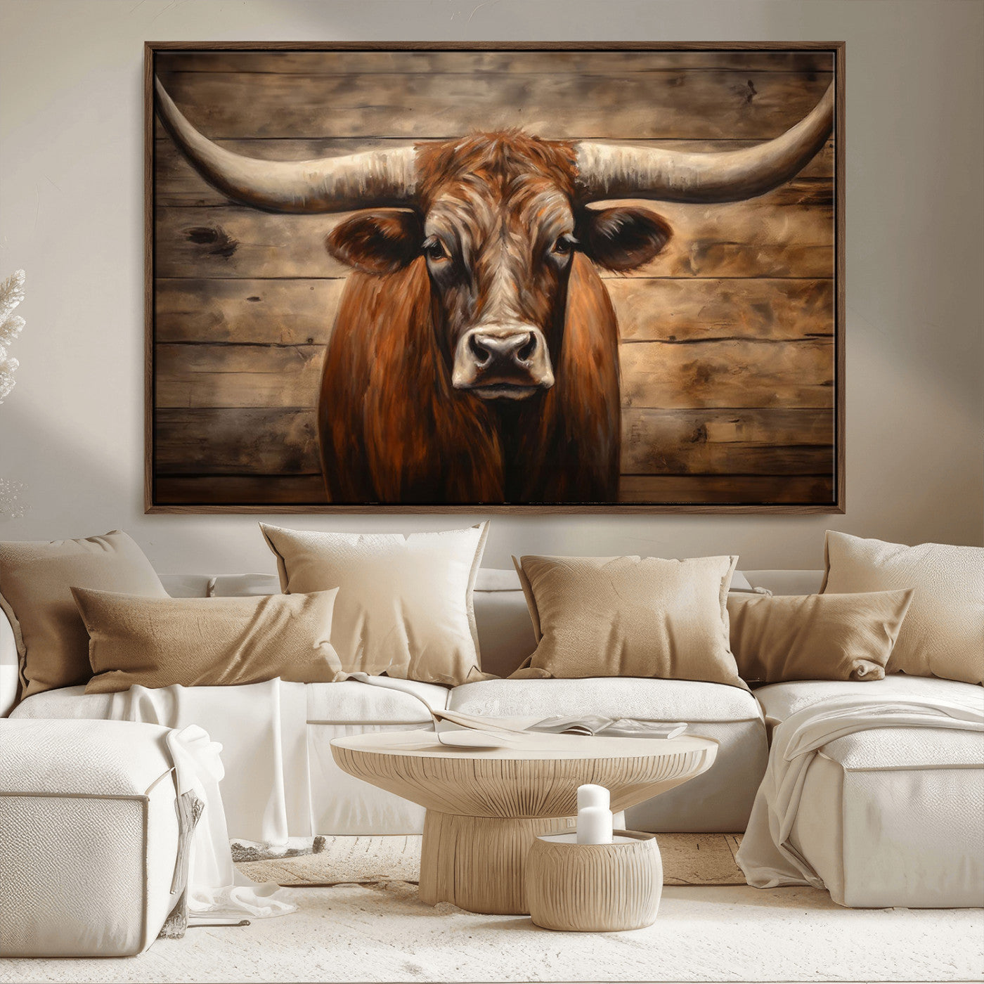 77556-MGV-FC-36X24_Walnut-Longhorn Bull Wall Art | Canvas Print | Ready to Hang | Rustic Farmhouse Wall Decor | Western Barn