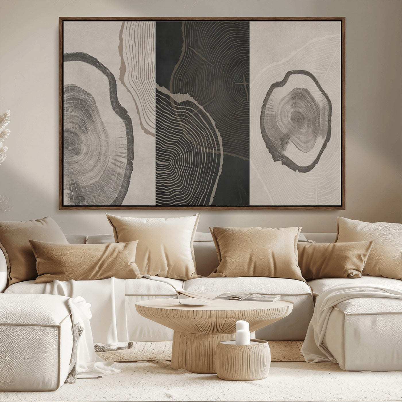 25407-MGV-FC-36X24_Walnut-Modern Abstract Tree Ring Canvas Art Set | 3 Panel Large Tree Ring Design for Living Room, Office,