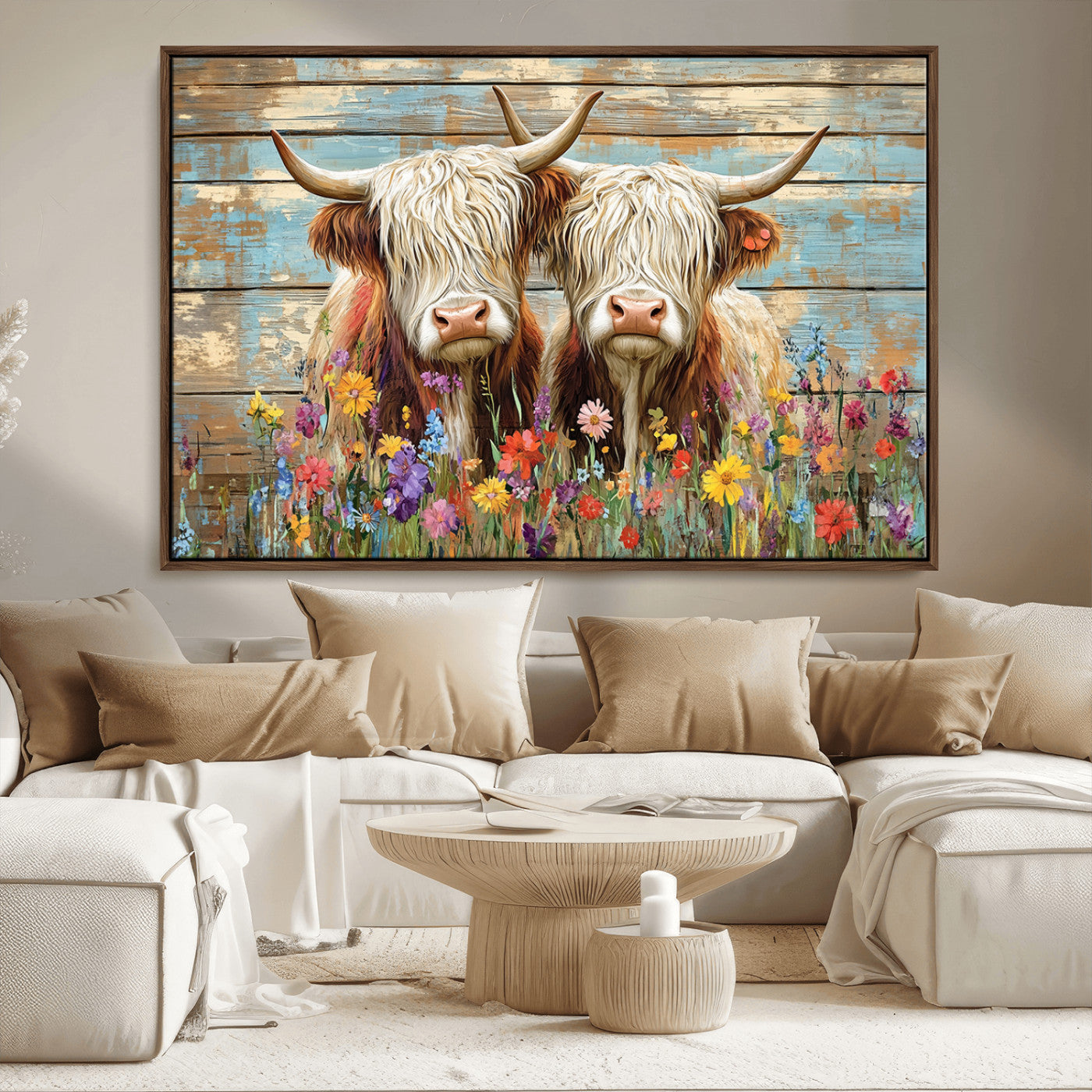 36972-MGV-CV-36X24 - Cute Highland Cow Canvas Wall Art - Rustic Farmhouse Decor with Colorful Flowers Perfect Wall Art