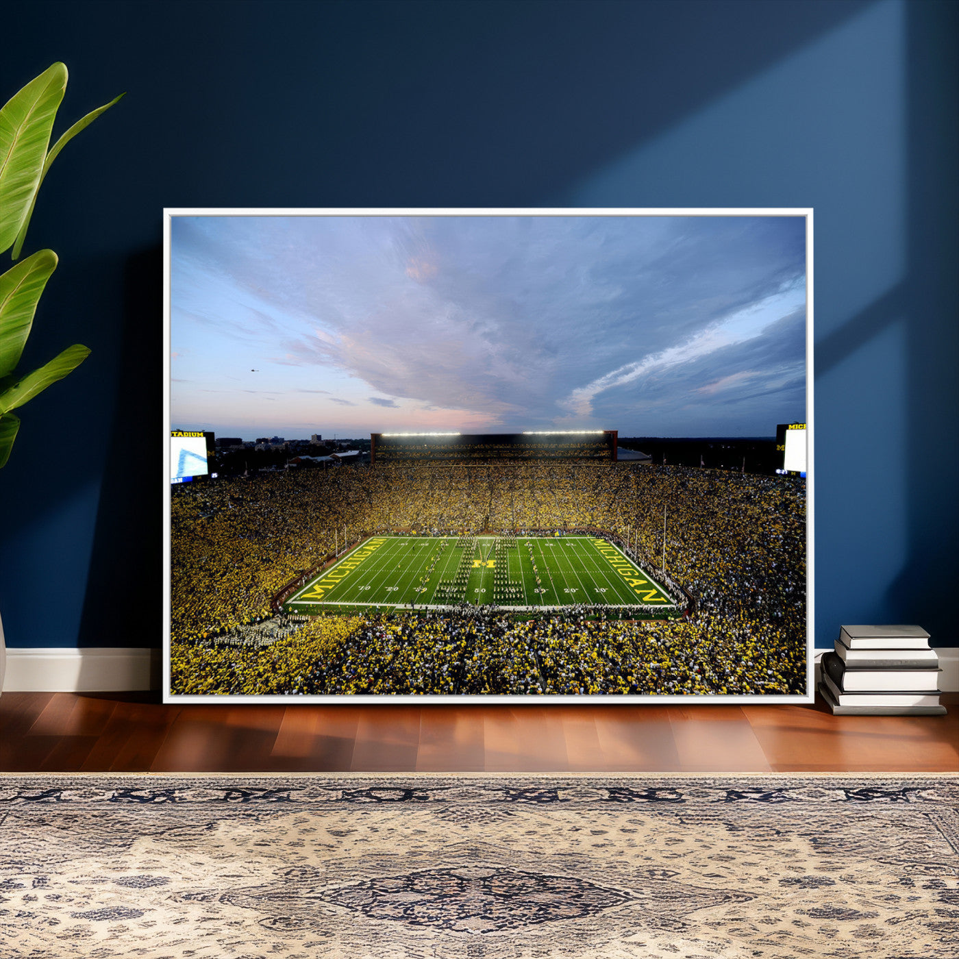 82641-MGV-CV-36X24 - Michigan Stadium Wall Art Canvas Print, Vibrant Game Day Crowd and Sunset Sky Football Field Artwork for Home, Office