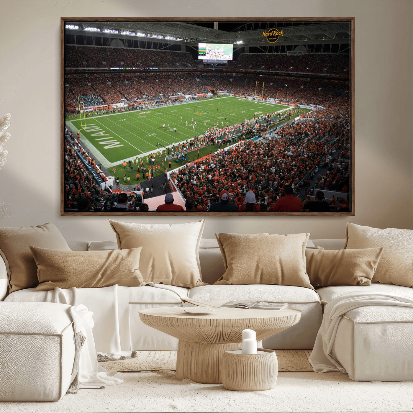 33698-MGV-FC-36X24_Walnut-Miami Hurricanes Football Team Print Canvas- Miami Hard Rock Stadium Wall Art Canvas Print