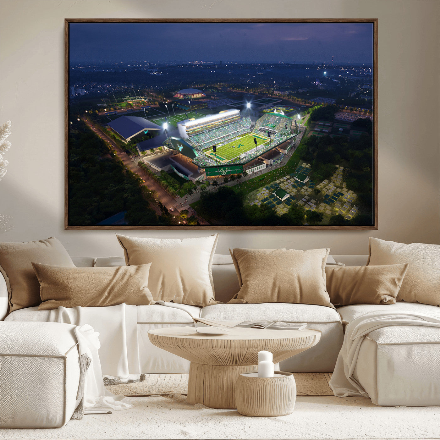 27554-MGV-FC-36X24_Walnut-The University of South Florida Bulls Football Team Print - Tampa USF Football Stadium Wall Art
