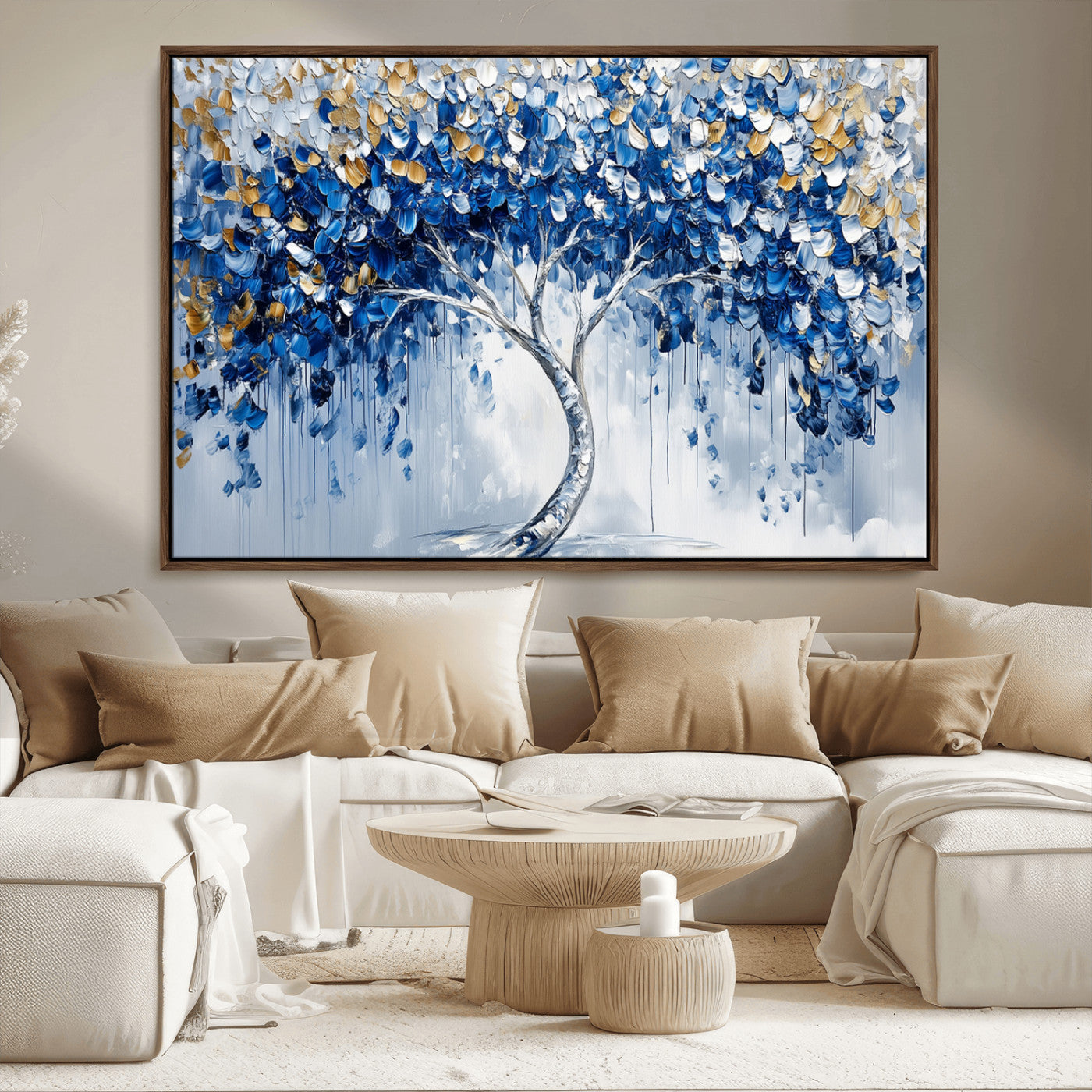 62350-MGV-FC-36X24_Walnut-Blue and Gold Abstract Tree Wall Art Canvas Print | Modern Tree of Life Painting | Framed Canvas