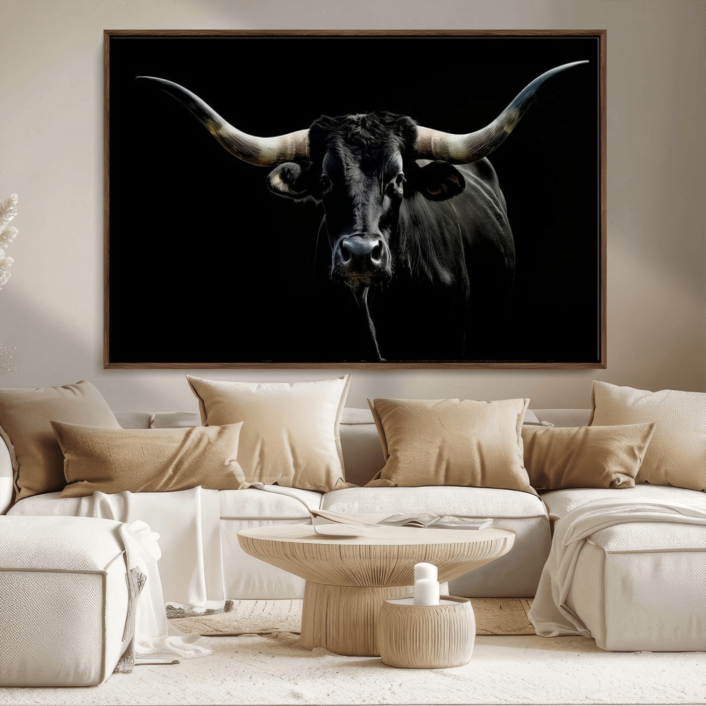 20679-MGV-FC-36X24_Walnut-Texas Black Longhorn Bull Wall Art Canvas Print - Western Texas Cattle Rustic Decor Print - Longhorn