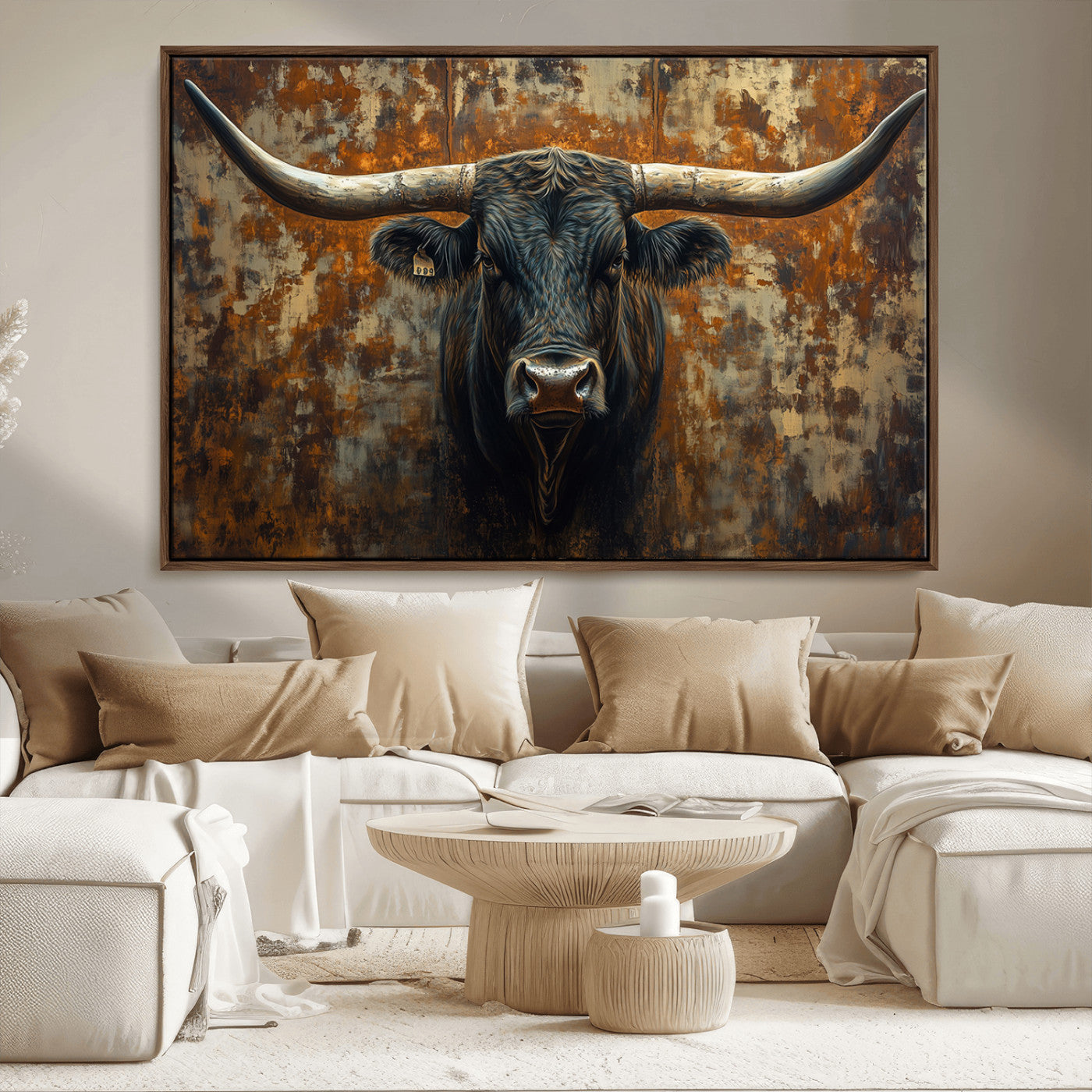 68068-MGV-FC-36X24_Walnut-Longhorn Texas Cow Bull Wall Art | Rustic Farmhouse Canvas Print | Ready to Hang Barn Decor for