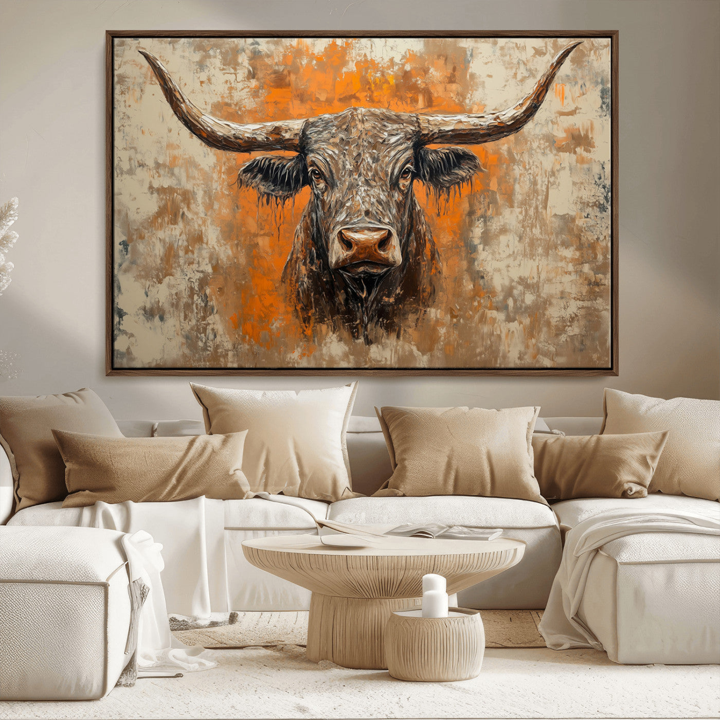 49976-MGV-FC-36X24_Walnut-Abstract Cow Longhorn Bull Wall Art Canvas Print - Rustic Texas Western Cattle Artwork
