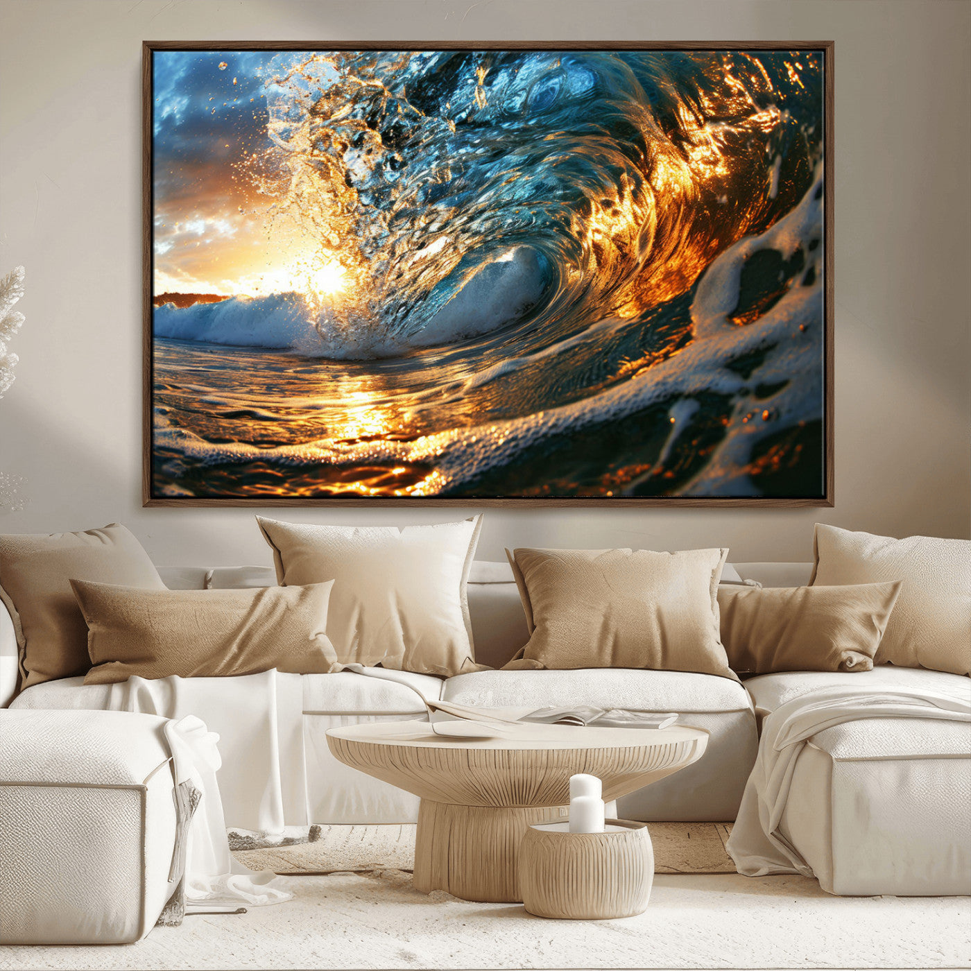 41370-MGV-CV-36X24-Ocean Wave at Sunset Canvas Wall Art – Vibrant Coastal Beach Waves Print, Large Nautical Decor,