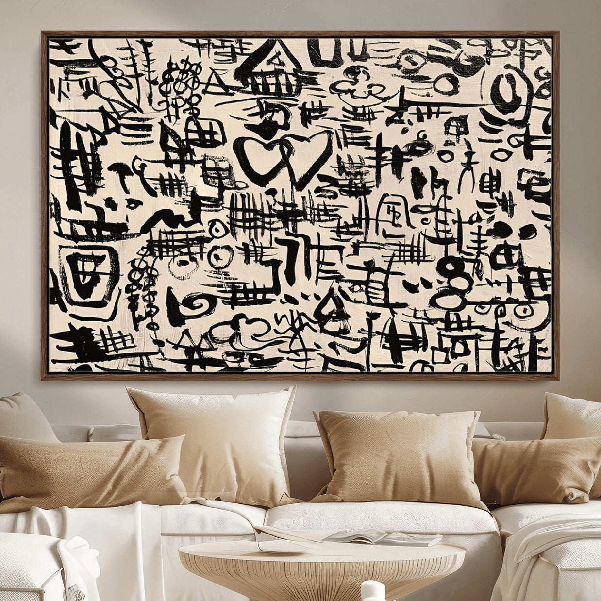 68273-MGV-FC-36X24 - Abstract Love and Chaos Canvas Print, Black Symbols on Beige