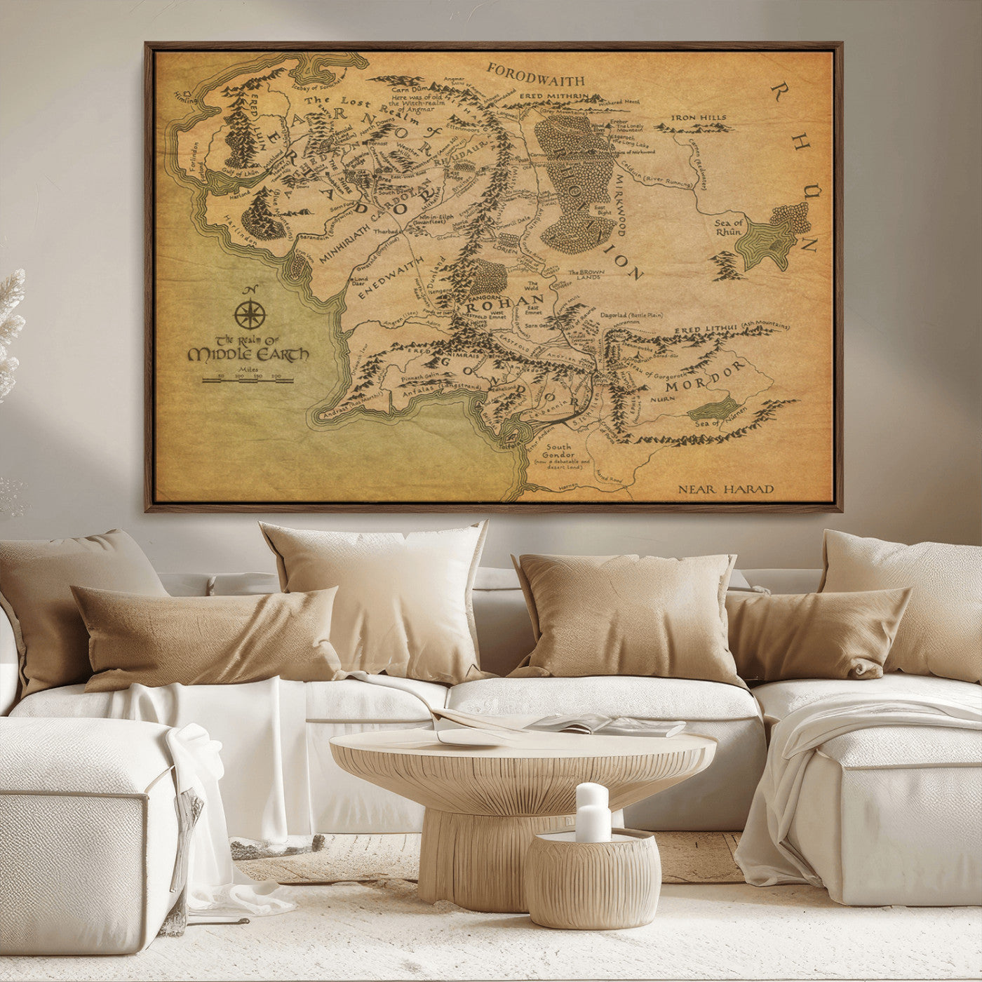 65656565-MGV-FC-36X24_Walnut-Middle Earth Map Canvas Wall Art – Vintage Fantasy Map Print, Decor for Home Library or Office
