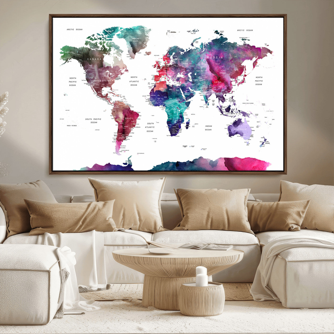 78176-MGV-FC-36X24_Walnut-Colorful Watercolor World Map Canvas Wall Art – Framed Modern Map Print, Vibrant Travel Inspired Artwork for Home and Office Decor