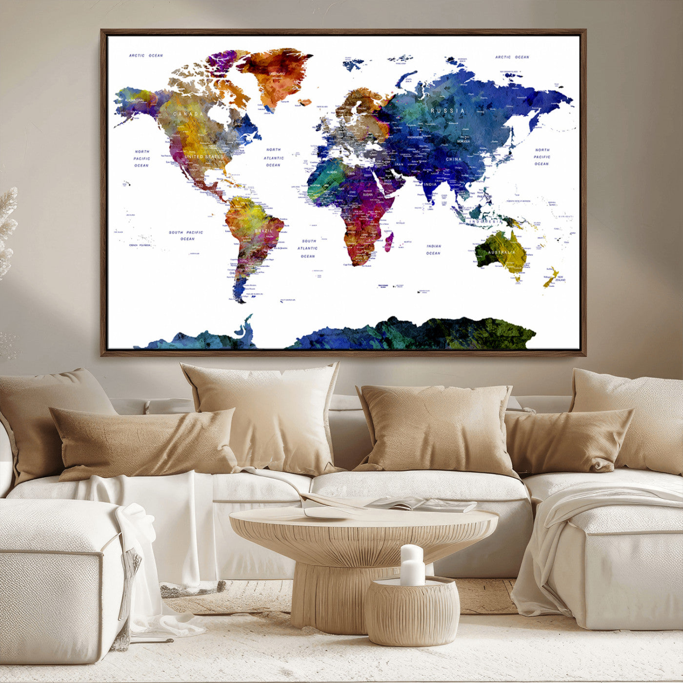 90446-MGV-CV-36X24-Colorful Watercolor World Map Canvas Wall Art – Framed Modern Push Pin Travel Map for Home and Office Decor