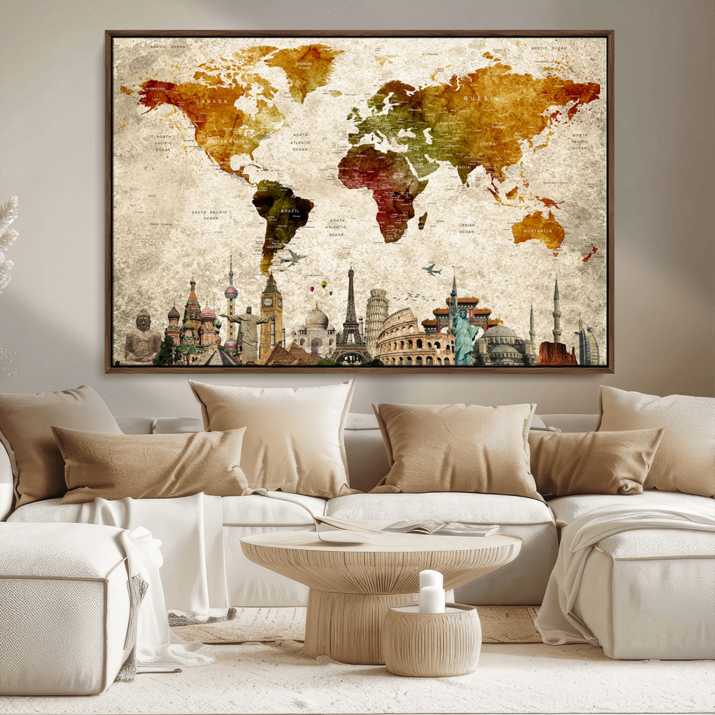 -Push Pin World Map Canvas Print – Framed Travel Map Wall Art for Couples, Anniversary Gift, Modern Home or Office Decor