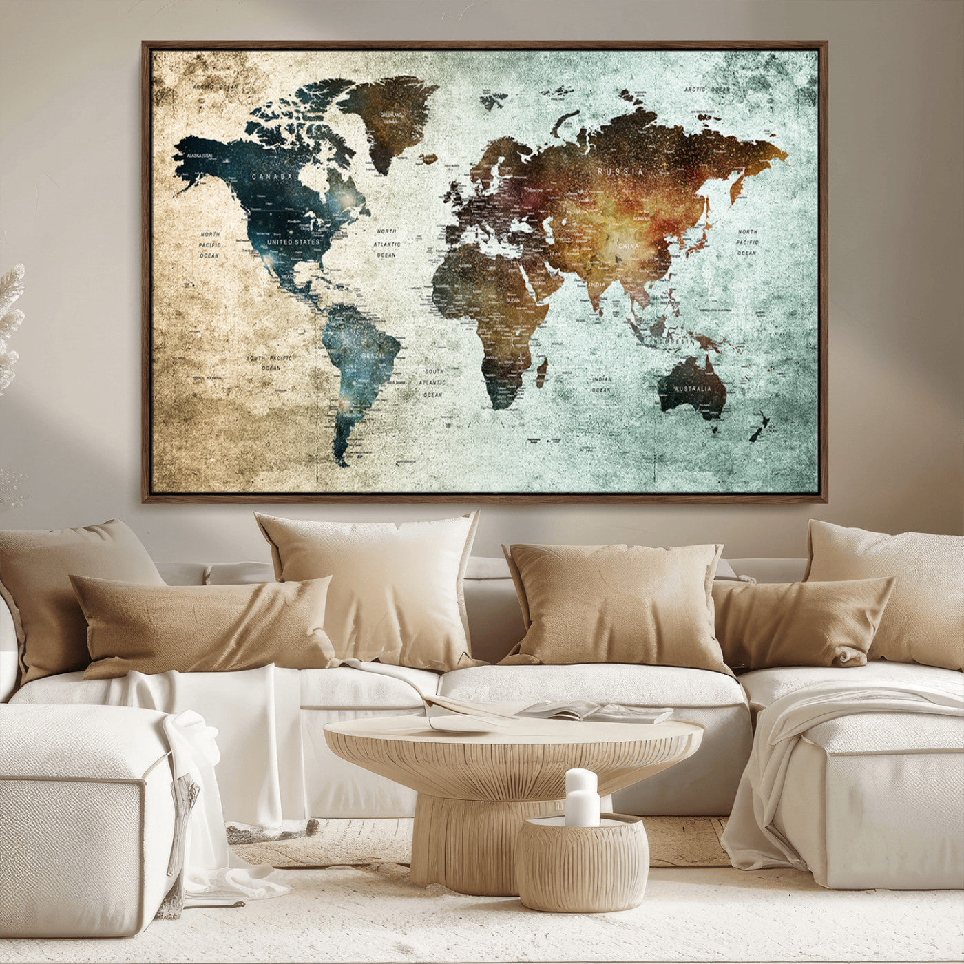 25140-MGV-FC-36X24_Walnut-World Map Canvas Print – Framed Vintage Style Push Pin Wall Art, Elegant Travel Map Decor for Home or Office