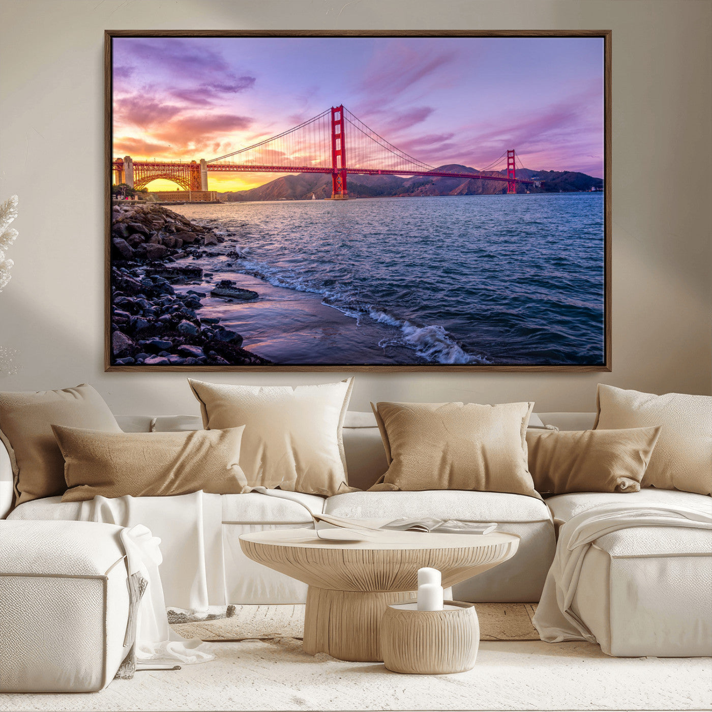 24256-MGV-FC-36X24_Walnut-Golden Gate Bridge Wall Art Canvas Print – Framed San Francisco Sunset Scene with Cityscape Artwork for Home, Office