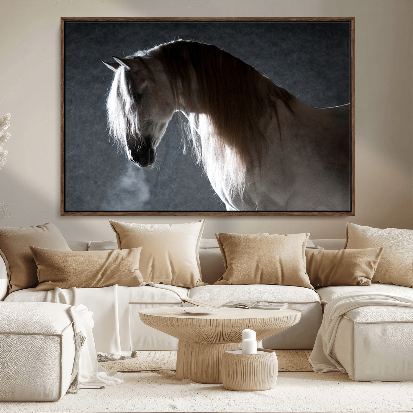 -Large Wall Art Cream Colored Horse on Grey Background Canvas Print