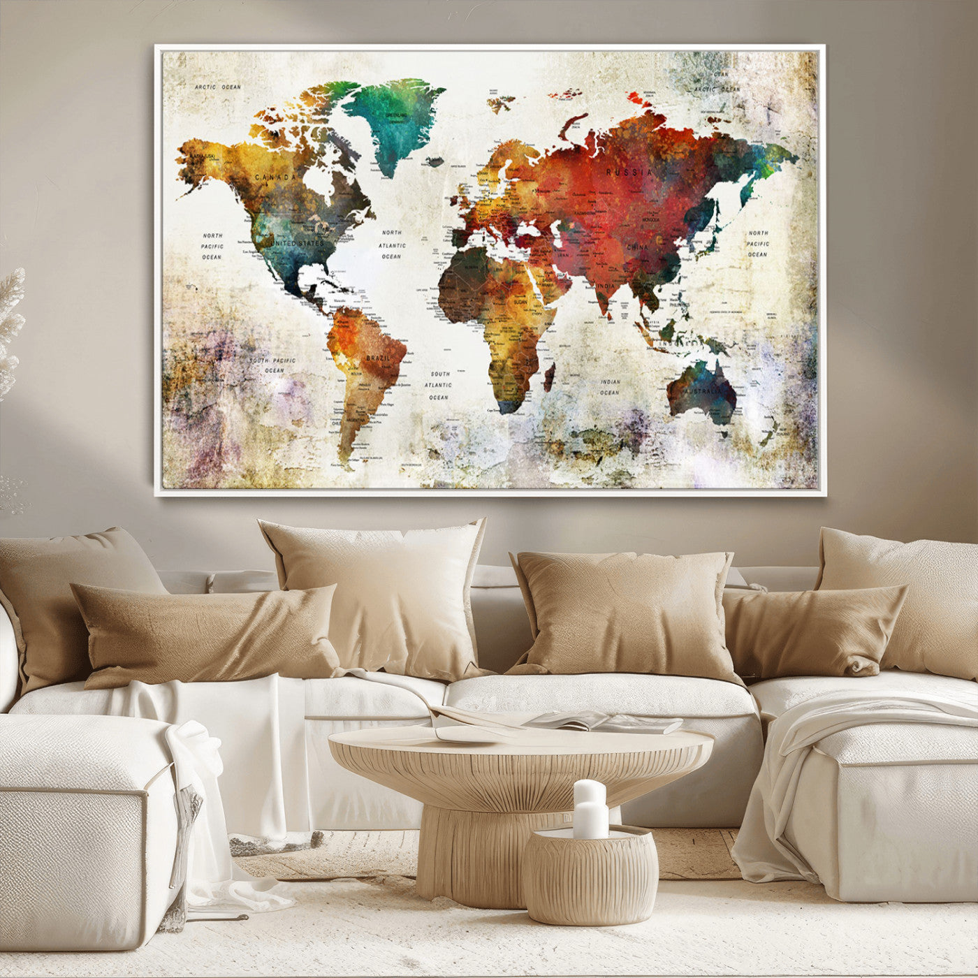 92207-MGV-CV-36X24-Watercolor World Map Canvas Print – Framed Push Pin Wall Art for Couples, Artistic Travel Map for Modern Home and Office Decor