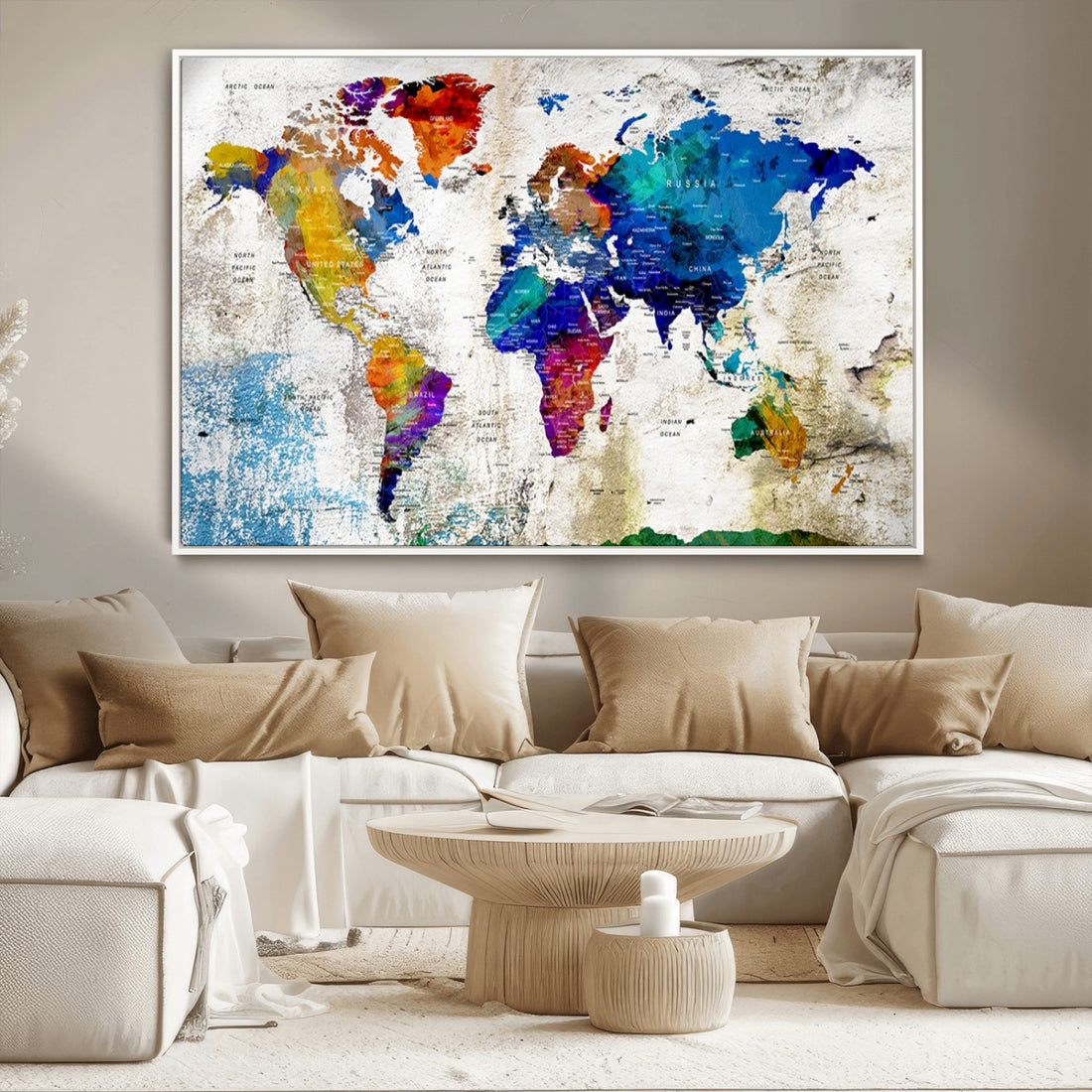 Navy Blue Watercolor World Map Canvas Print | Framed Travel Map Wall Art