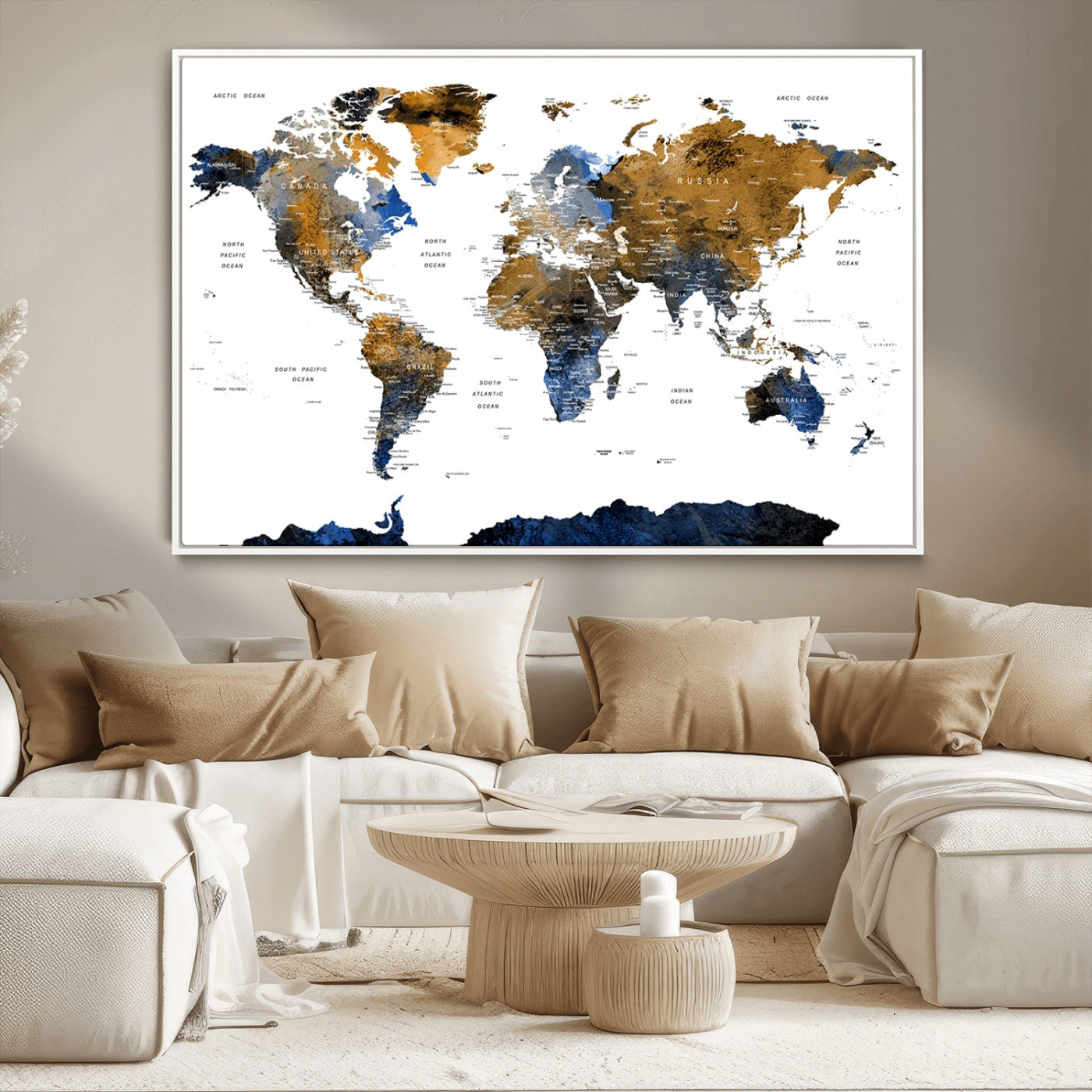 56231-MGV-CV-36X24-Navy and Gold World Map Canvas Wall Art – Framed Modern World Map Print, Elegant Travel Inspired Artwork for Home and Office Decor