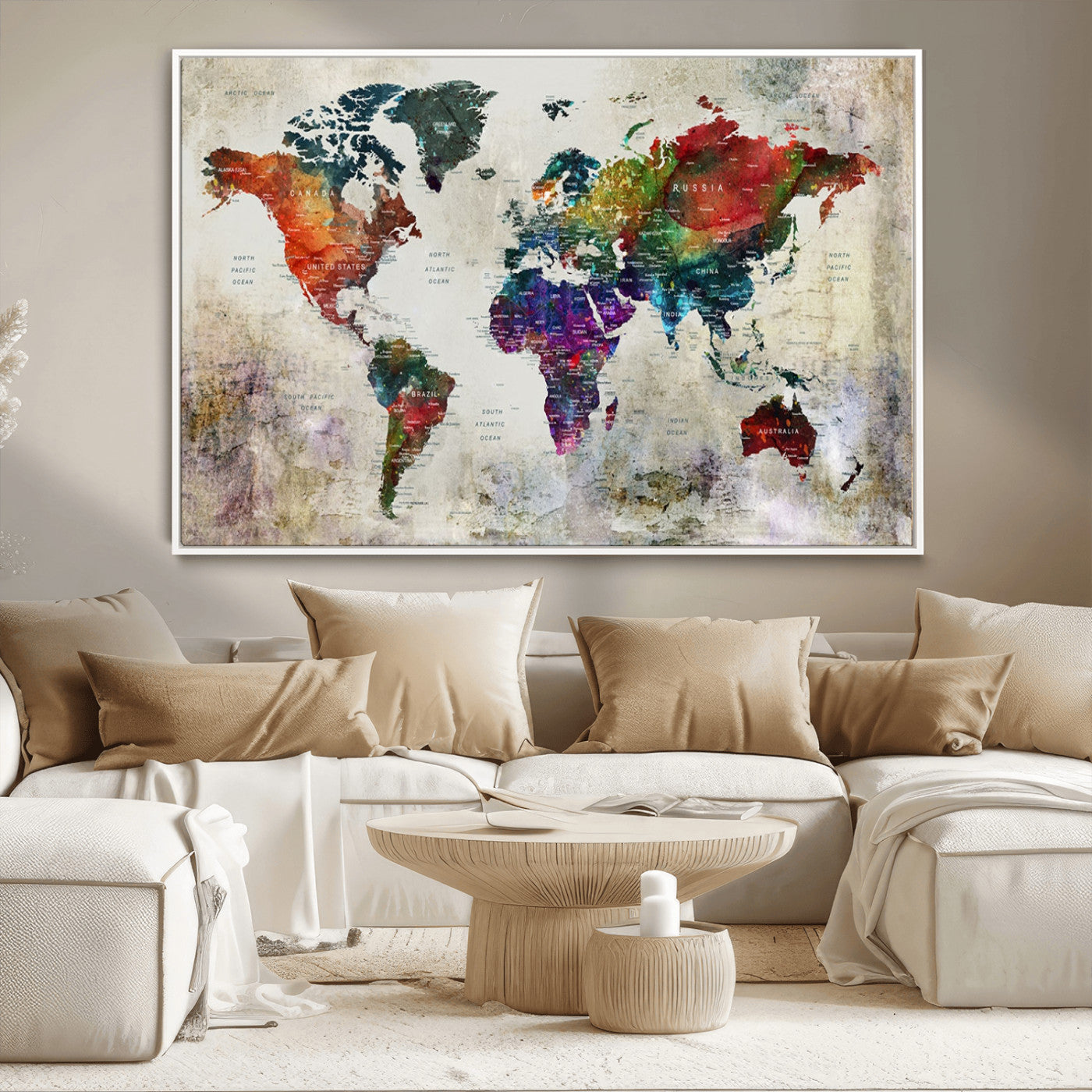 -Push Pin World Map Canvas Print – Framed Travel Map Wall Art for Couples, Anniversary Gift, Modern Home or Office Decor