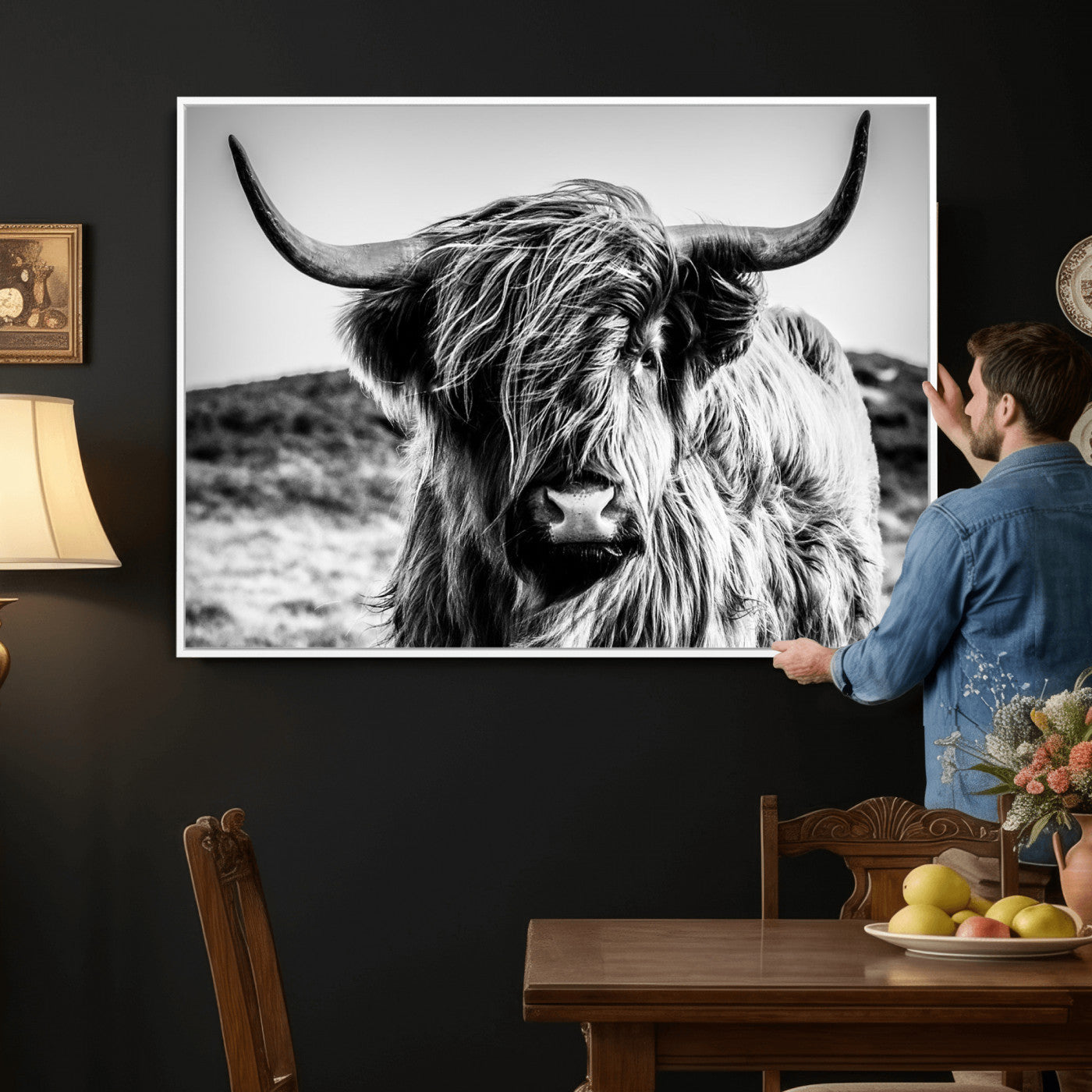 36979-MGV-CV-36X24 - Handsome Scottish Cow Black and White Wall Decor Canvas Art Print Extra Large Wall Art Highland Cattle Canvas Picture Animal Art Nature Photography High Quality Original Canvas Framed Ready to Hang