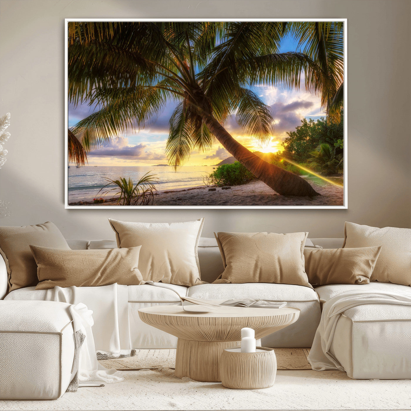 -Tropical Island Sunset on the Beach Palms Wall Art Canvas Print