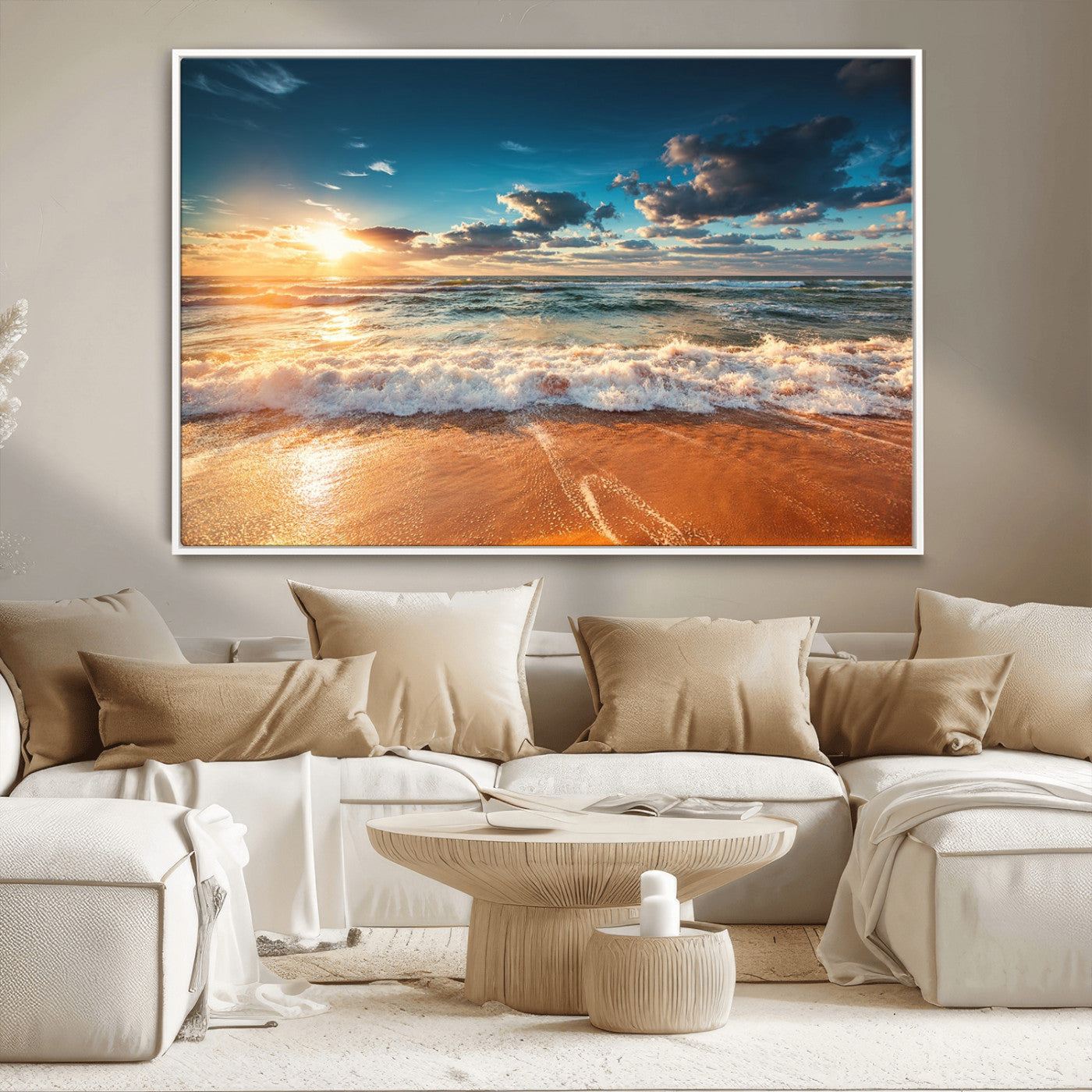 -Golden Sunset Beach Triptych Canvas Art, Giclee Coastal Wall Decor, Ocean Waves Print, Modern Beach