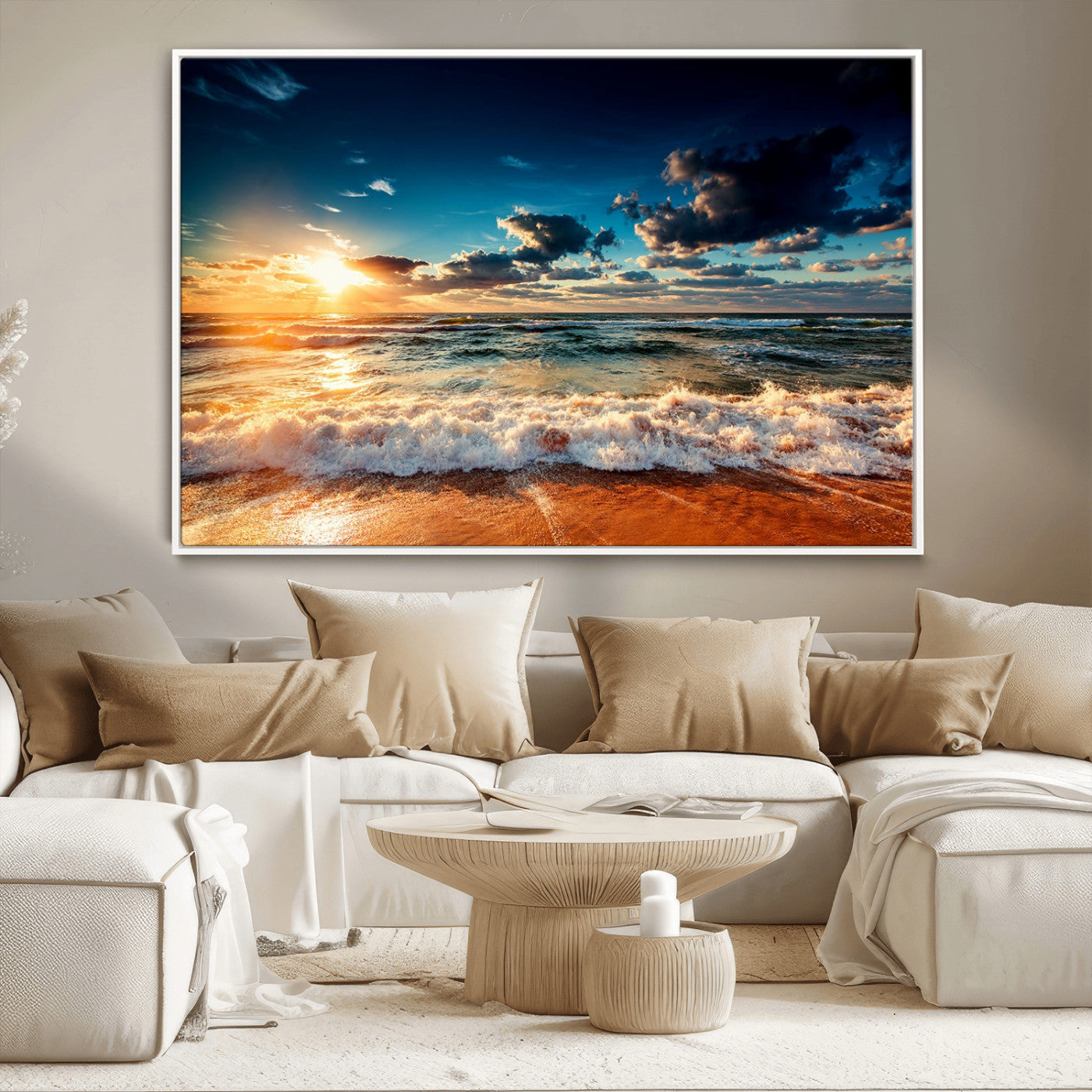 -Golden Hour Sunset Over Ocean Waves Wall Art Canvas Print | 3 Panel Coastal Landscape Canvas Wall