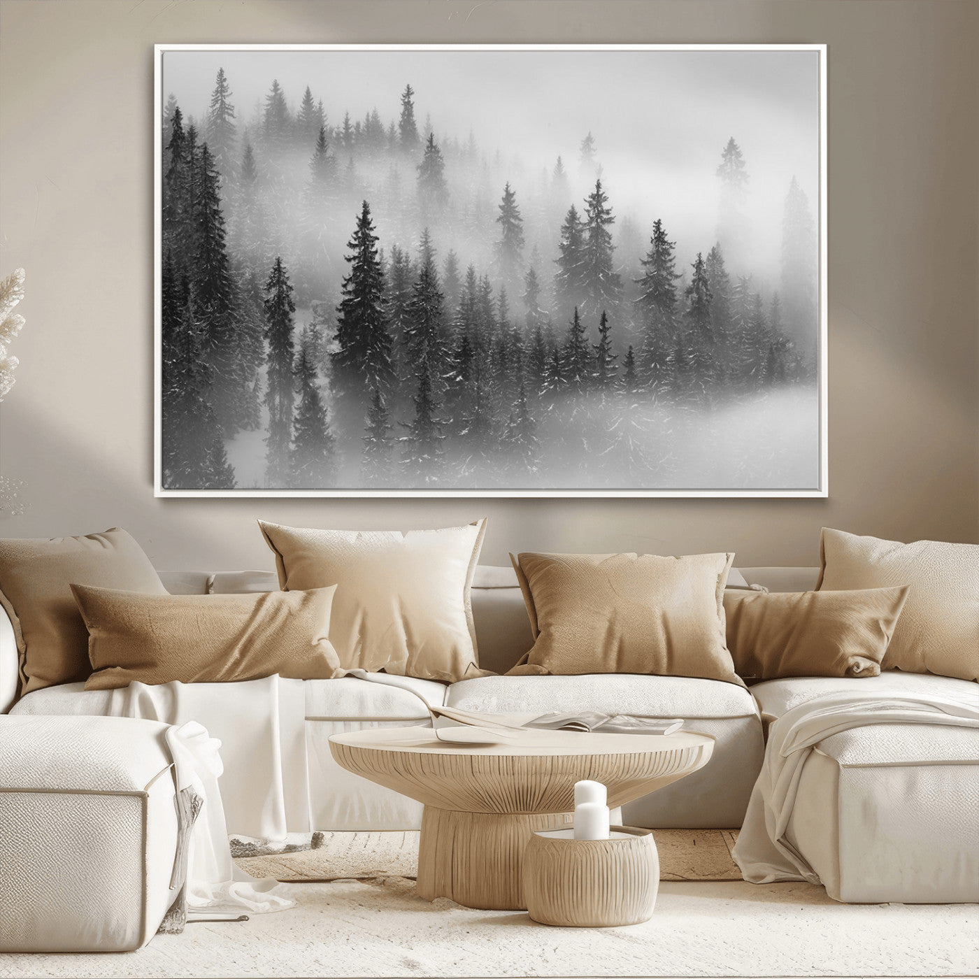 57235-MGV-CV-36X24-Foggy Misty Forest Canvas Wall Art – Black and White Landscape – Framed and Ready to Hang Modern