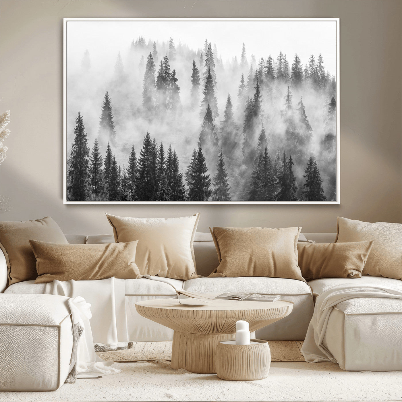 10422-MGV-CV-36X24-Forest Wall Art Print | Foggy Pine Forest Canvas Wall Art - Black and White Nature Decor for Living Room, Office