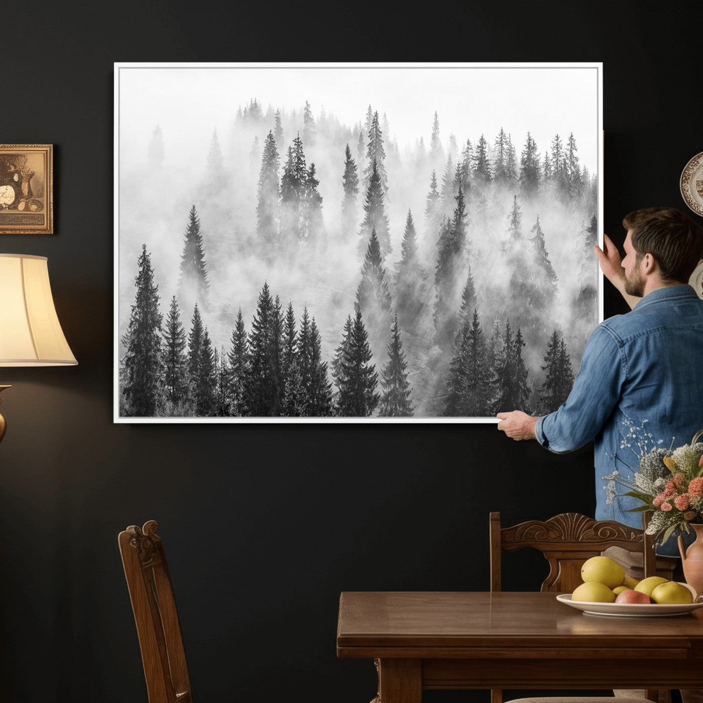 10422-MGV-CV-36X24 - Forest Wall Art Print | Foggy Pine Forest Canvas Wall Art - Black and White Nature Decor for Living