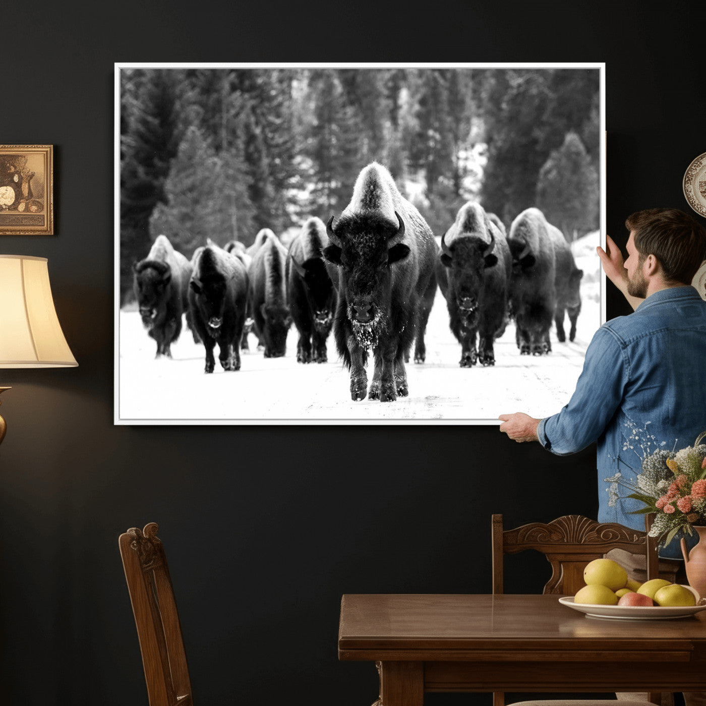 62434-MGV-CV-36X24 - Bison Herd in Snow Wall Art Canvas Print | Rustic Western Bison Wall Art for Decor for Living Room,