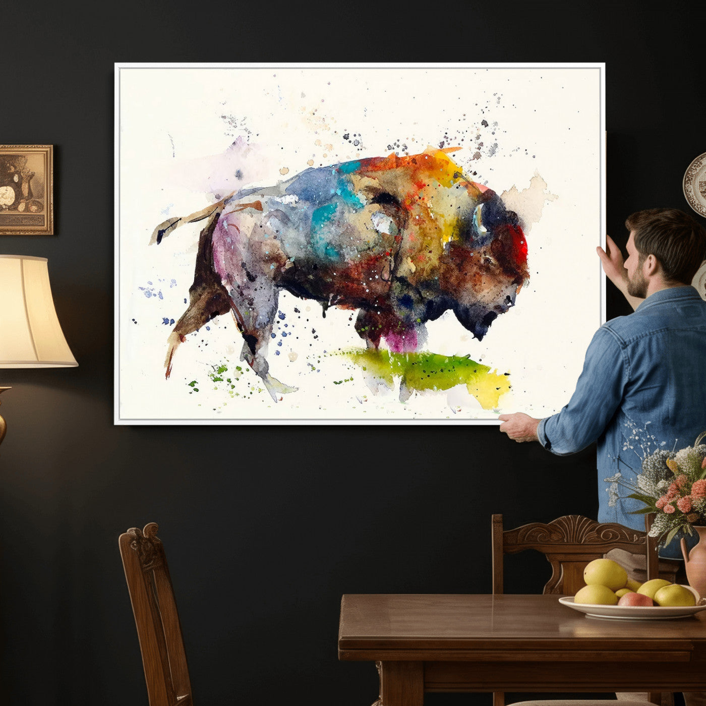 44504-MGV-CV-36X24 - Abstract Buffalo Wall Art, Western Watercolor Bison Canvas Print, Rustic Buffalo Art for Cowboy and