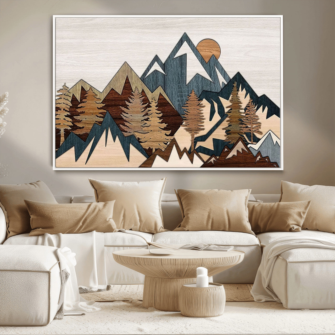 67950-MGV-CV-36X24-Rustic Abstract Wood Panel Effect Canvas Mountain Range Top Wood Wall Art Canvas Print